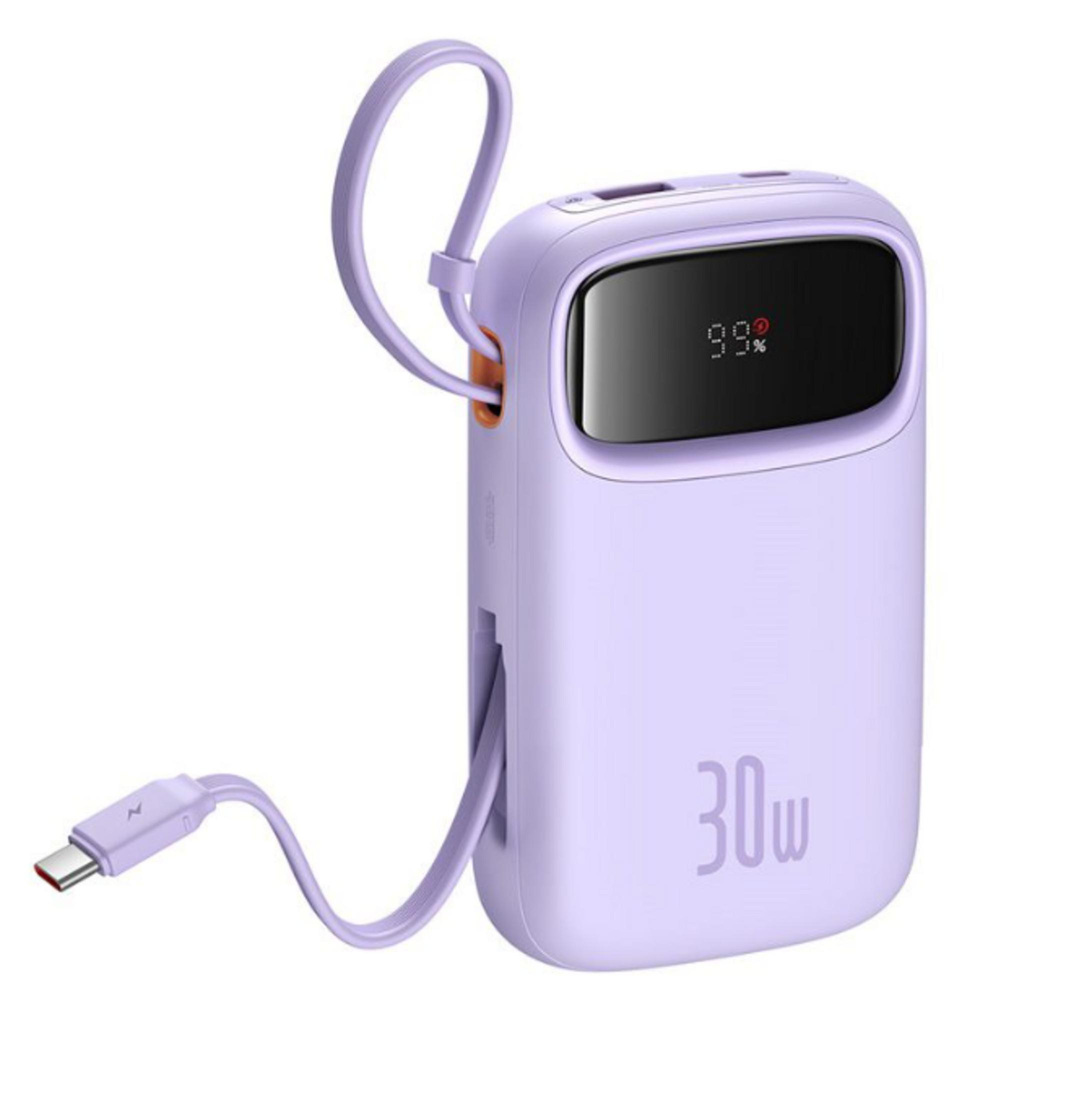Un power bank viola con 99% di carica e indicazione 30W.