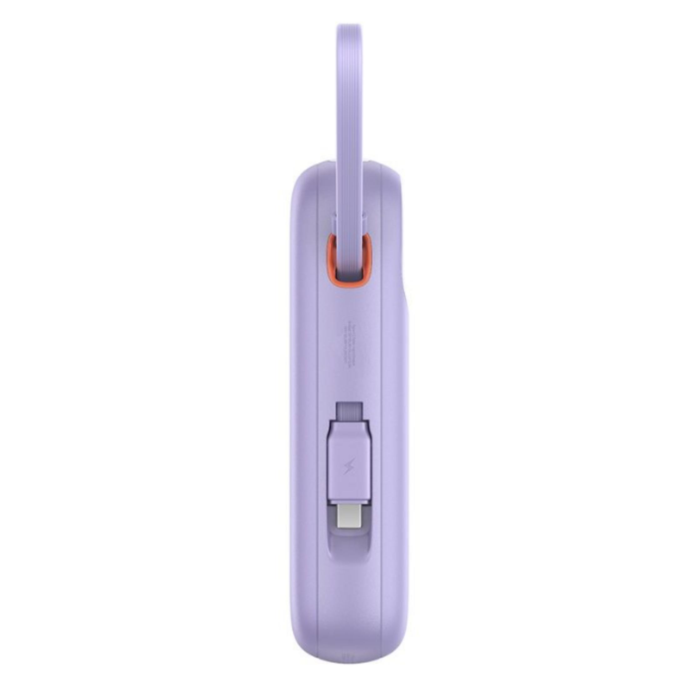 Un power bank viola con connettore USB-C retrattile e un anello.