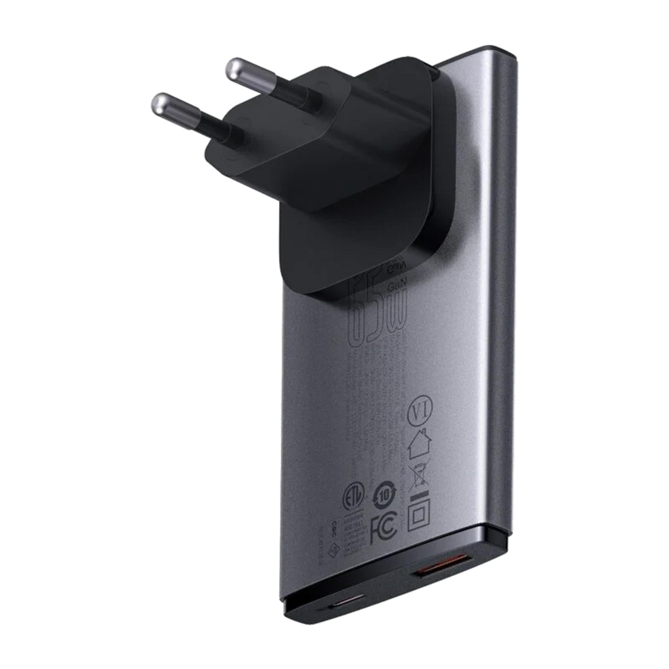 Grauer USB-C-Schnellladegerät mit zwei Pins und 65W.