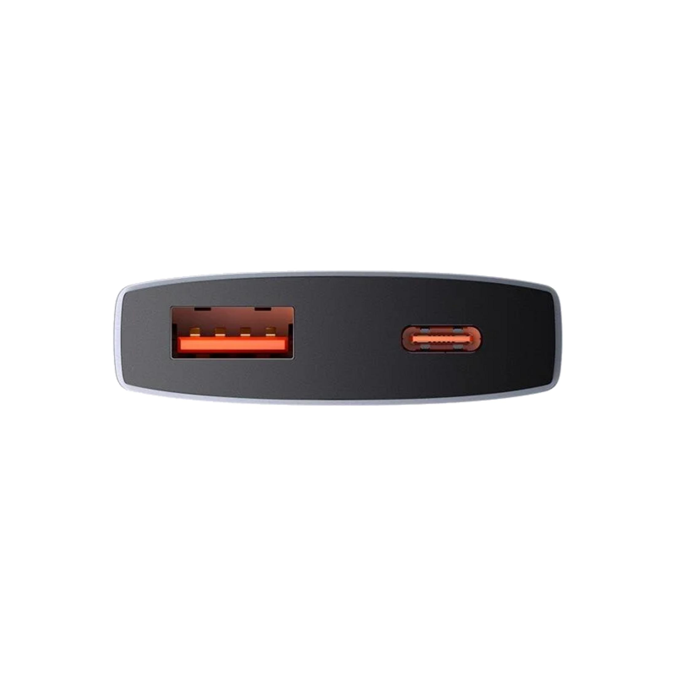 Ein schwarzes Ladegerät mit einem USB-A- und einem USB-C-Anschluss.