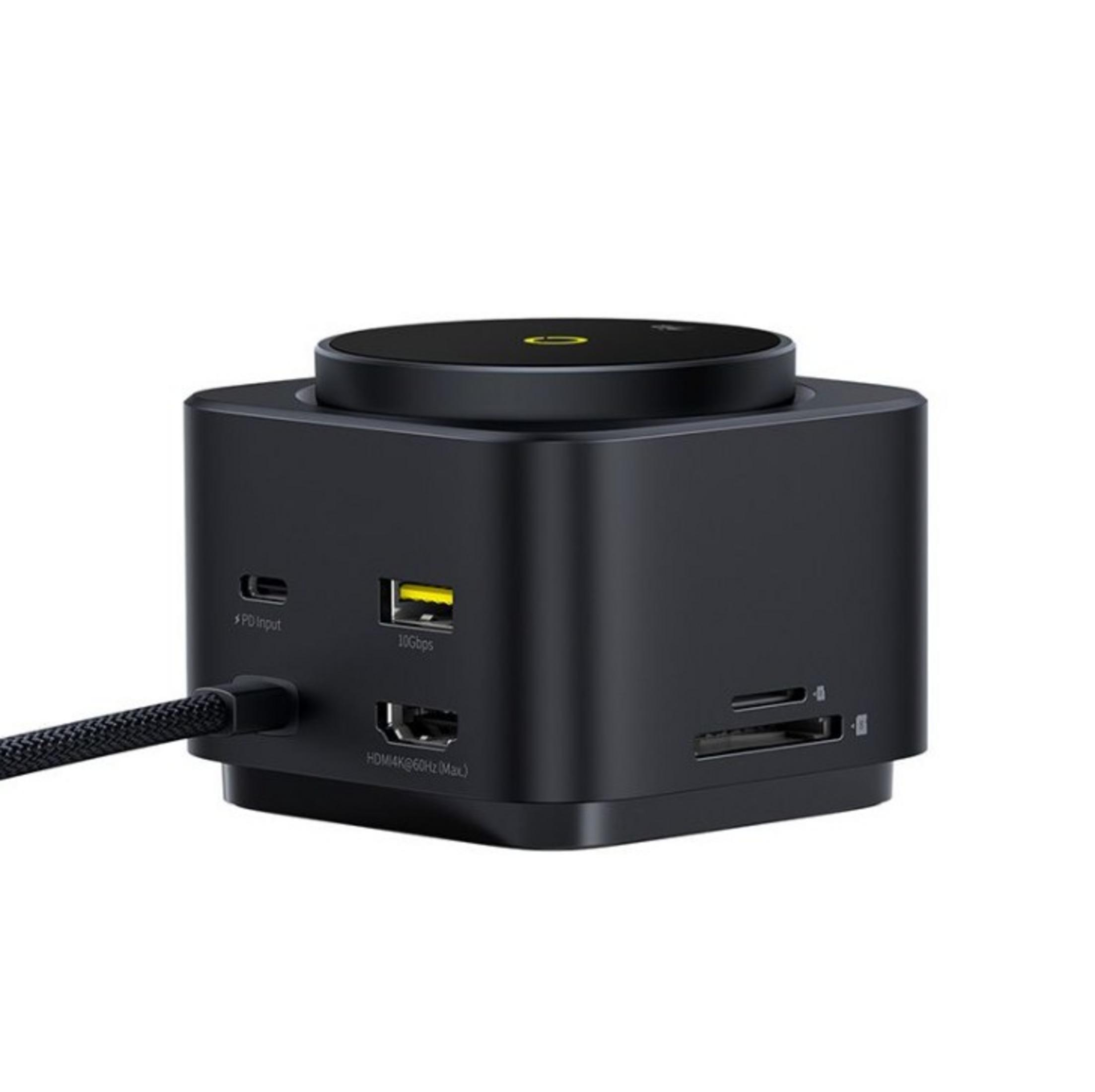 Black USB-C hub with PD input, USB-A, HDMI, and SD card slots. White background.