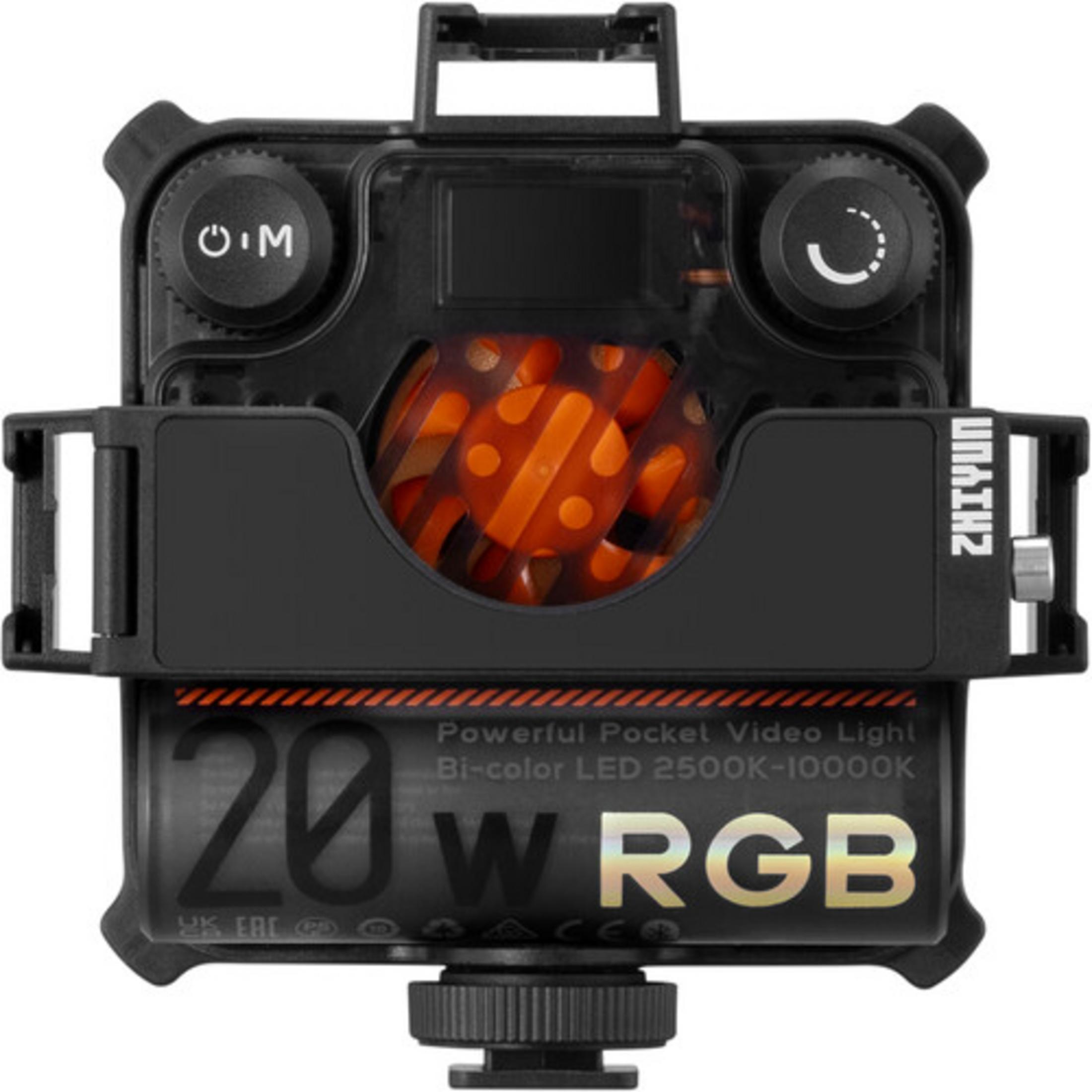 Ein schwarzer Zhiyun Pocket Video Light mit orangefarbenen Elementen und Bedienelementen.