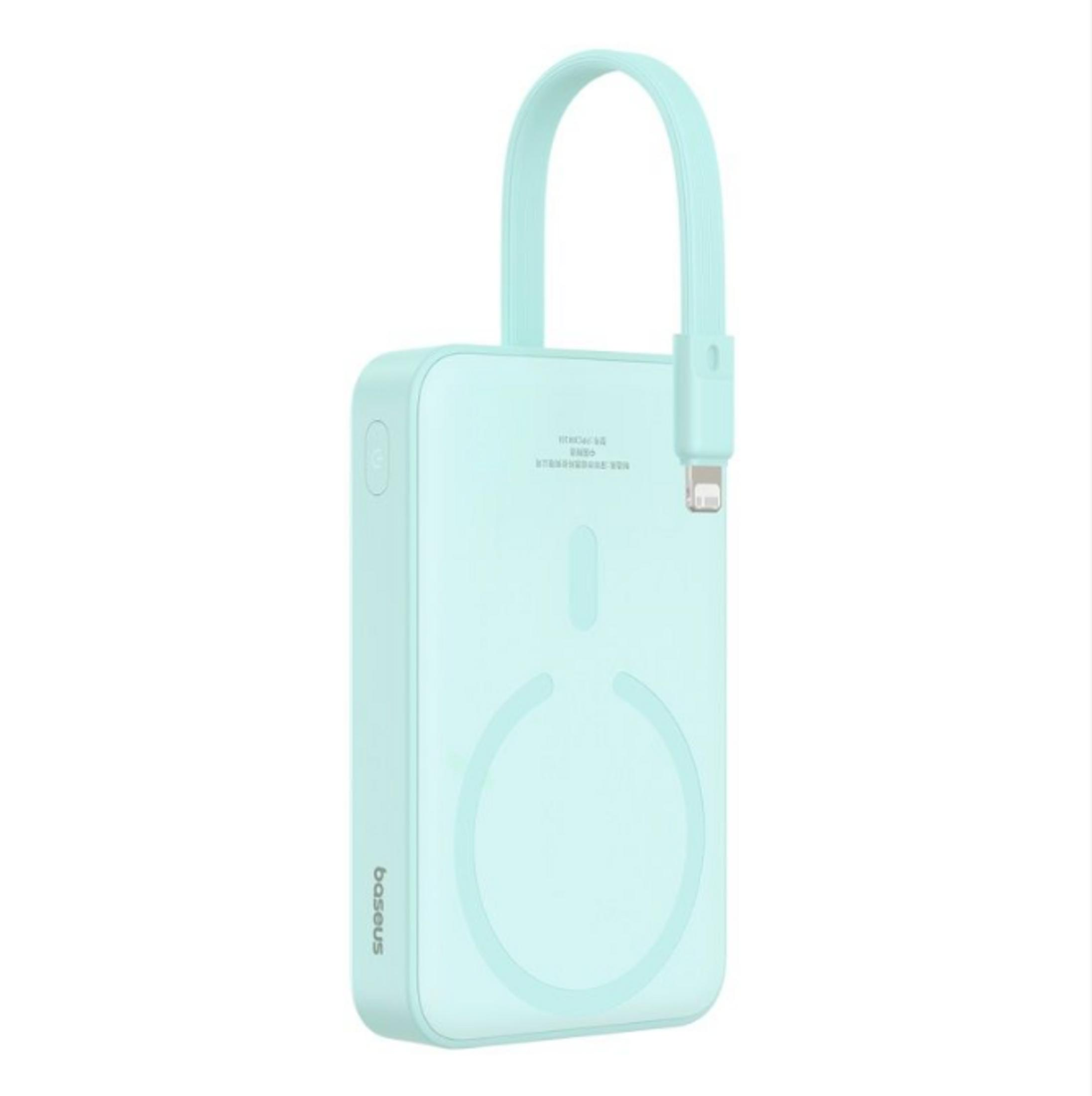 Un power bank verde chiaro con un anello e porta di ricarica.