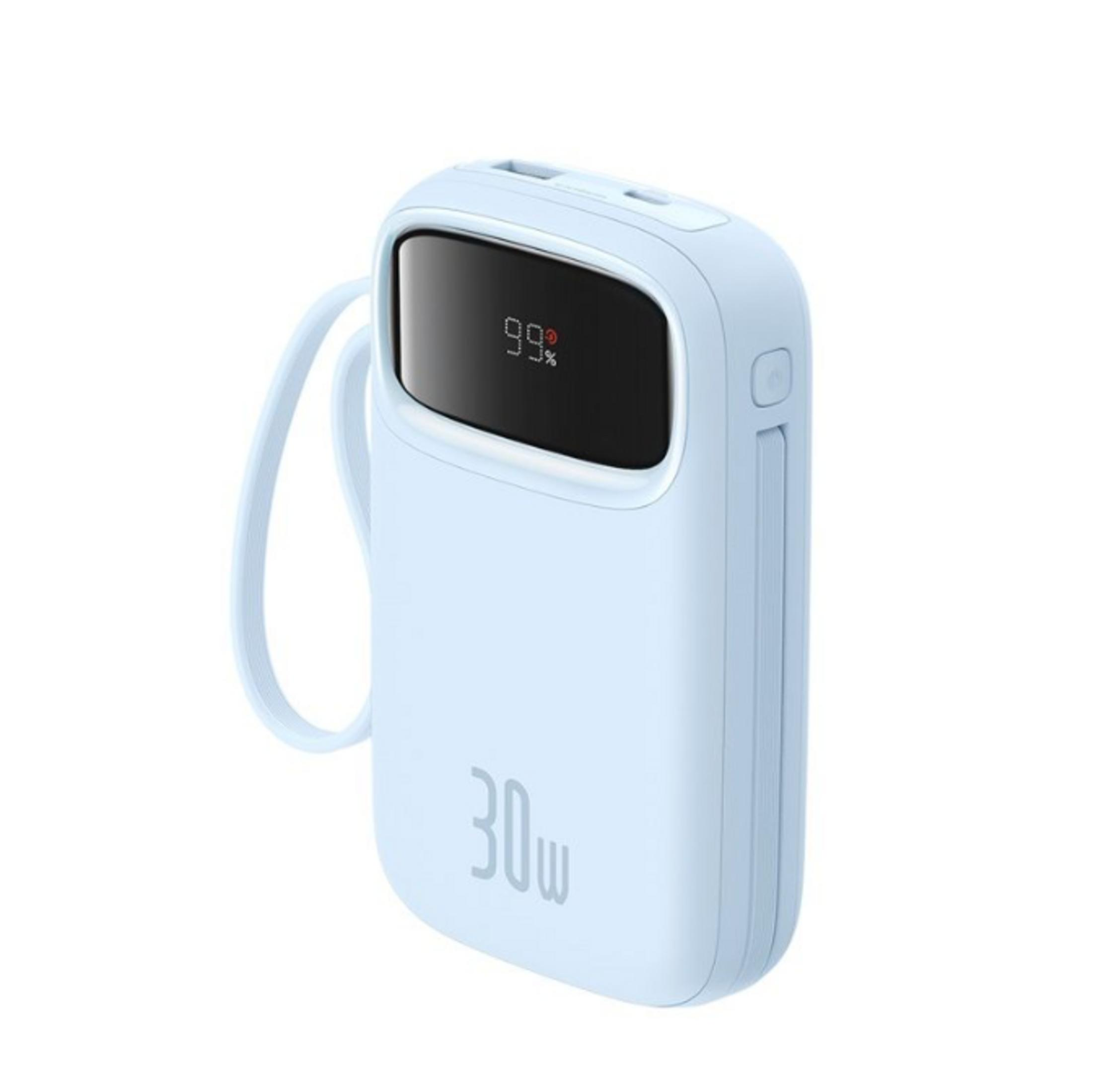 Helles blaues Powerbank mit schwarzem Display, das 99% anzeigt.