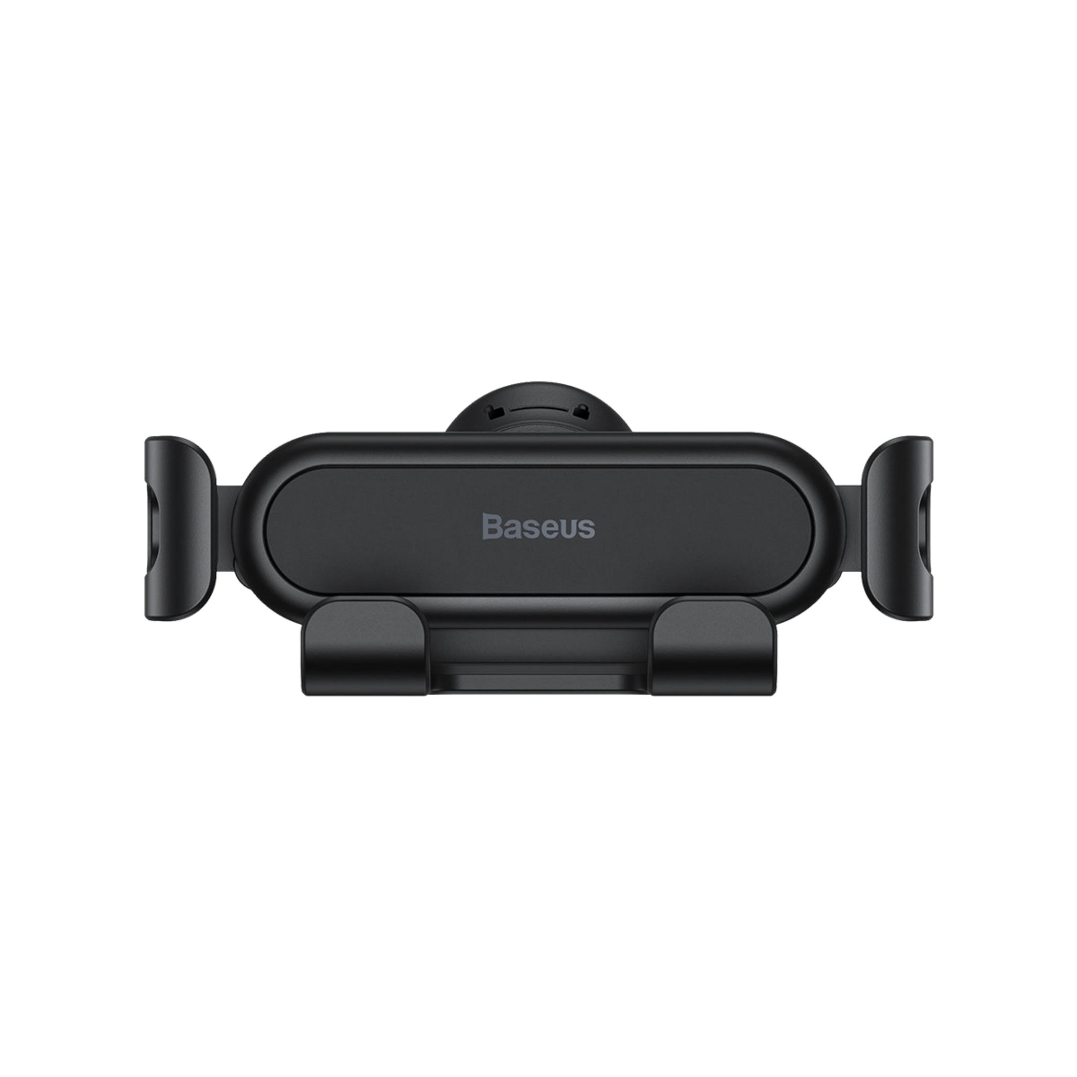 A black Baseus phone holder with gripping arms and supporting feet.
