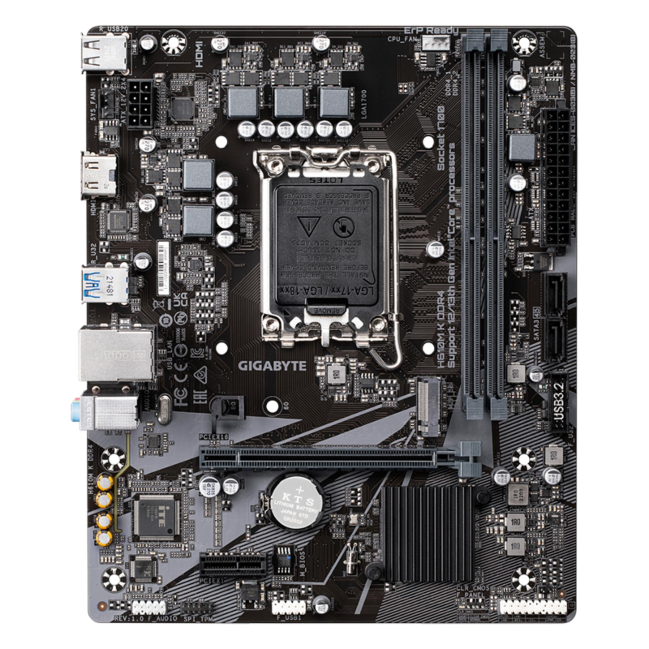 Una scheda madre Gigabyte H610M K DDR4 nera con socket CPU LGA 1700.