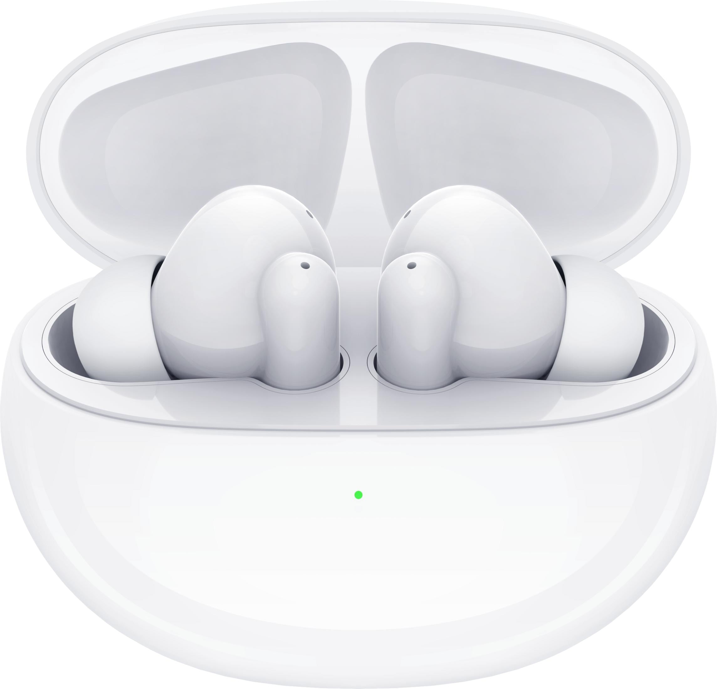 Auricolari wireless bianchi in una custodia di ricarica aperta con luce LED verde.