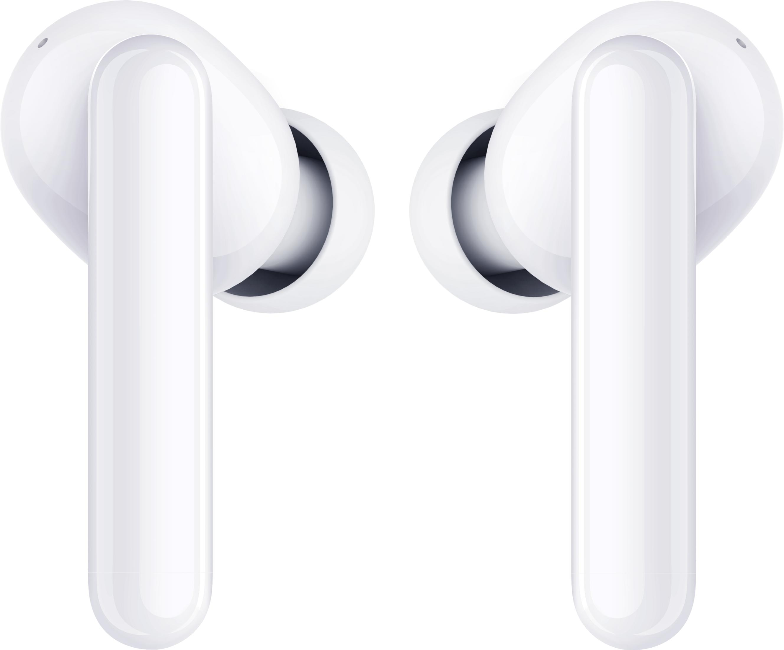 Due auricolari wireless bianchi uno accanto all'altro su sfondo bianco.
