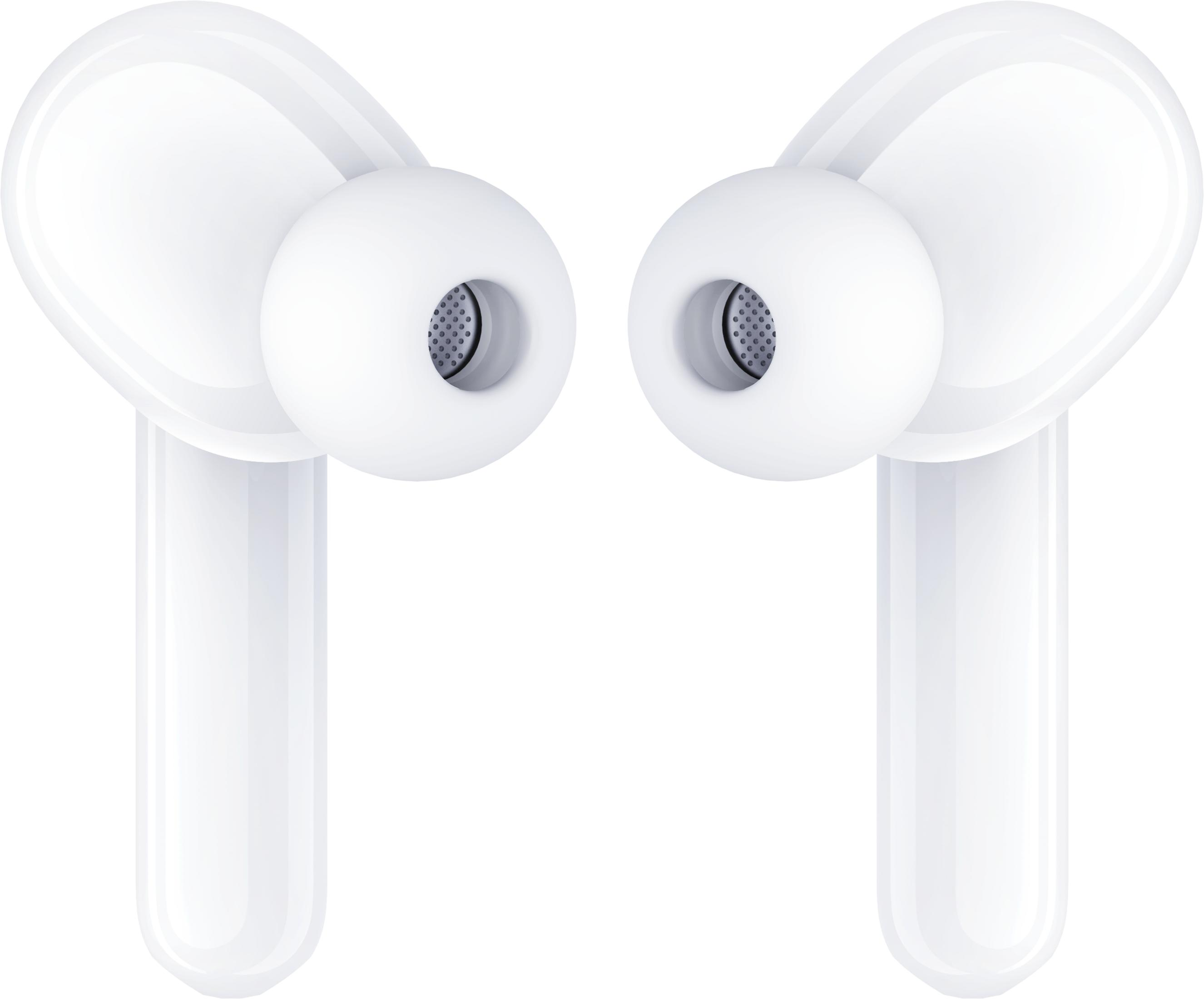 Due auricolari bianchi wireless fianco a fianco su sfondo bianco.