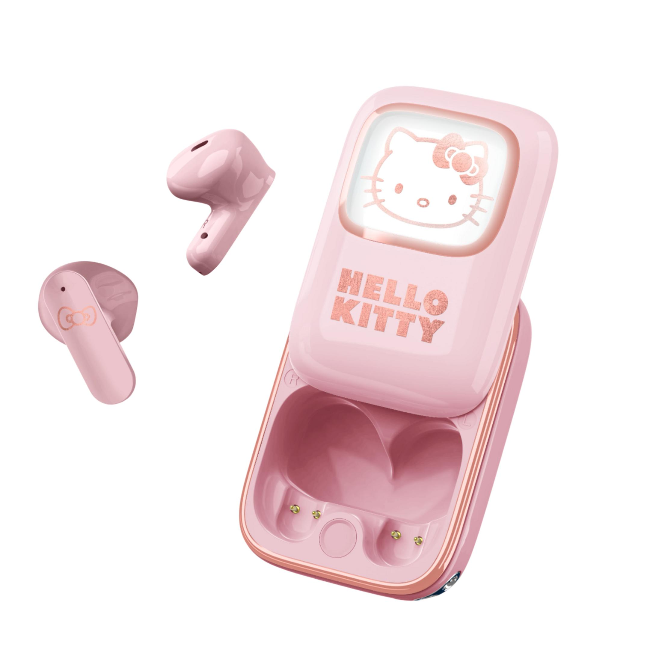 Auricolari wireless rosa Hello Kitty e custodia di ricarica.