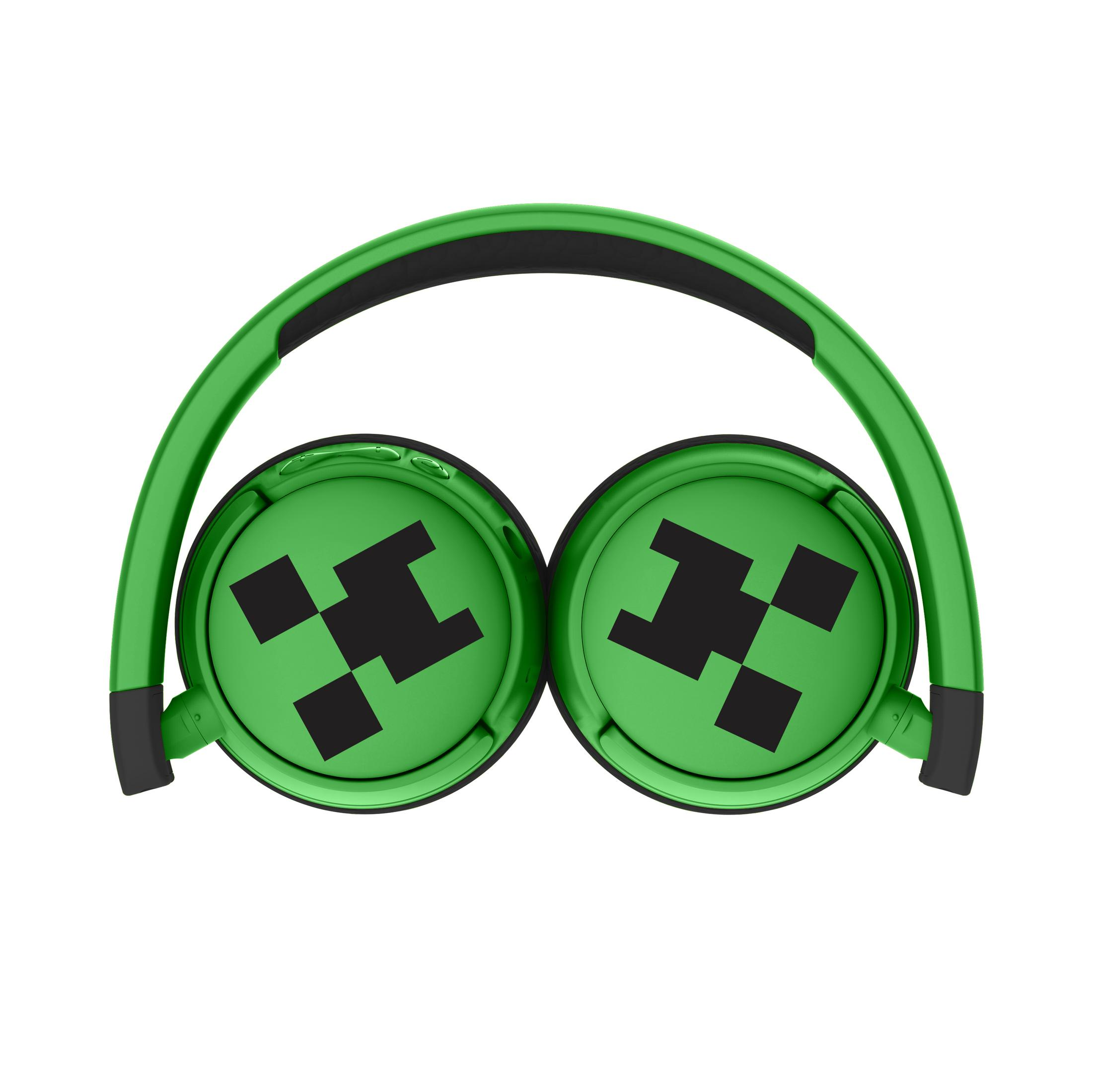 Green headphones with black Minecraft Creeper design on the earcups.