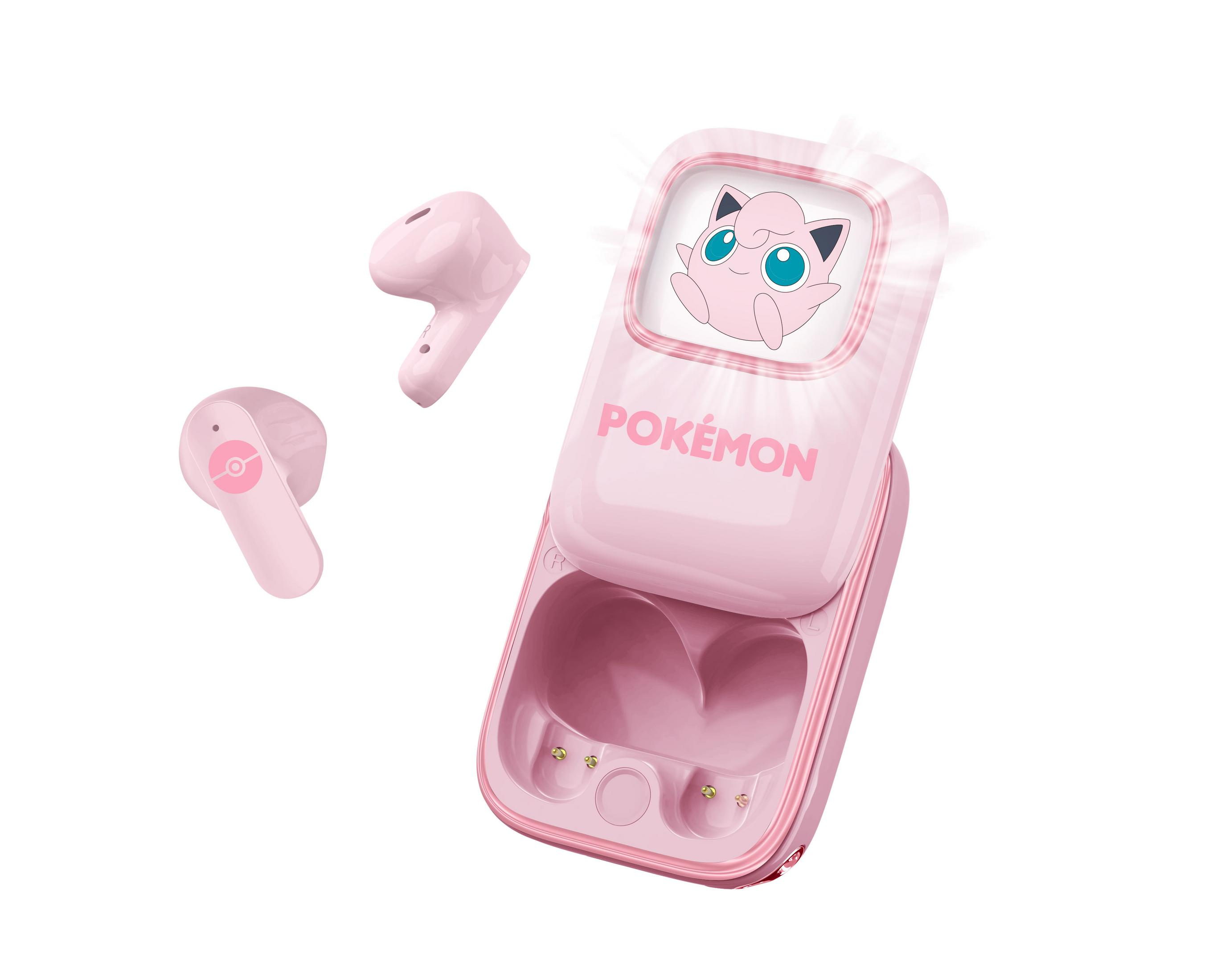 Una custodia di ricarica rosa a tema Pokémon per auricolari con due auricolari individuali.
