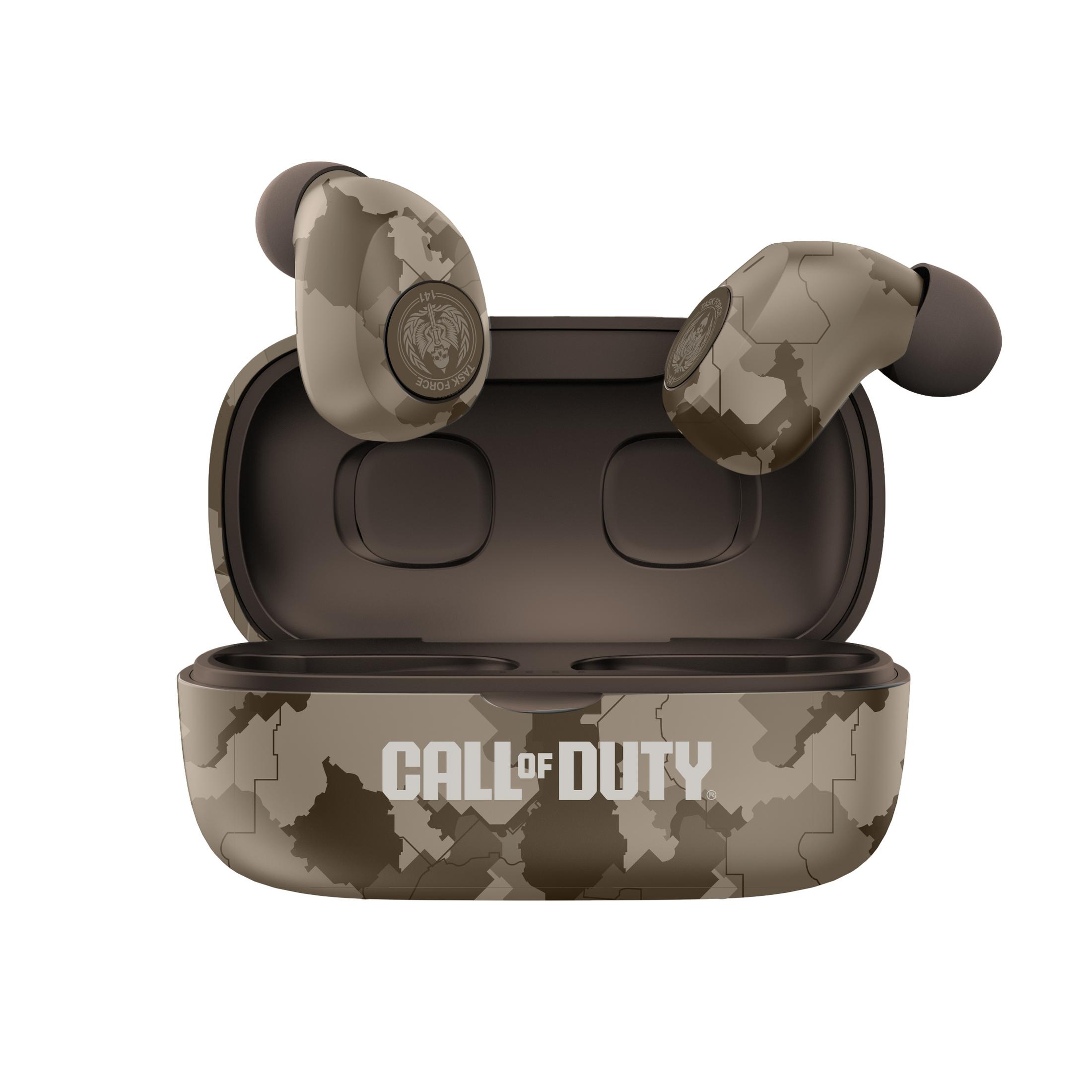 Auricolari Call of Duty mimetici con custodia di ricarica. Logo "TASK FORCE 141".