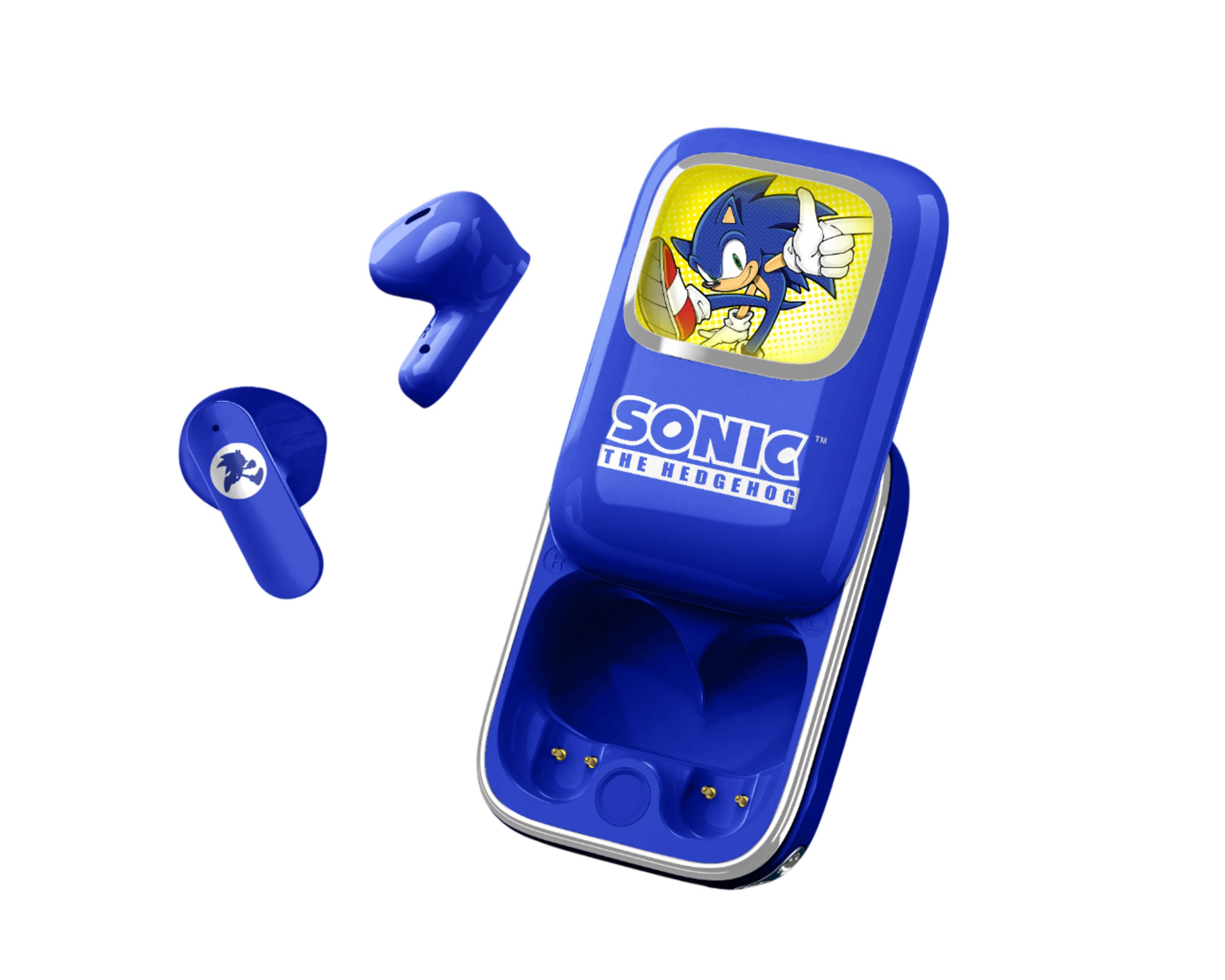 Auricolari blu Sonic con custodia di ricarica e grafica di Sonic.