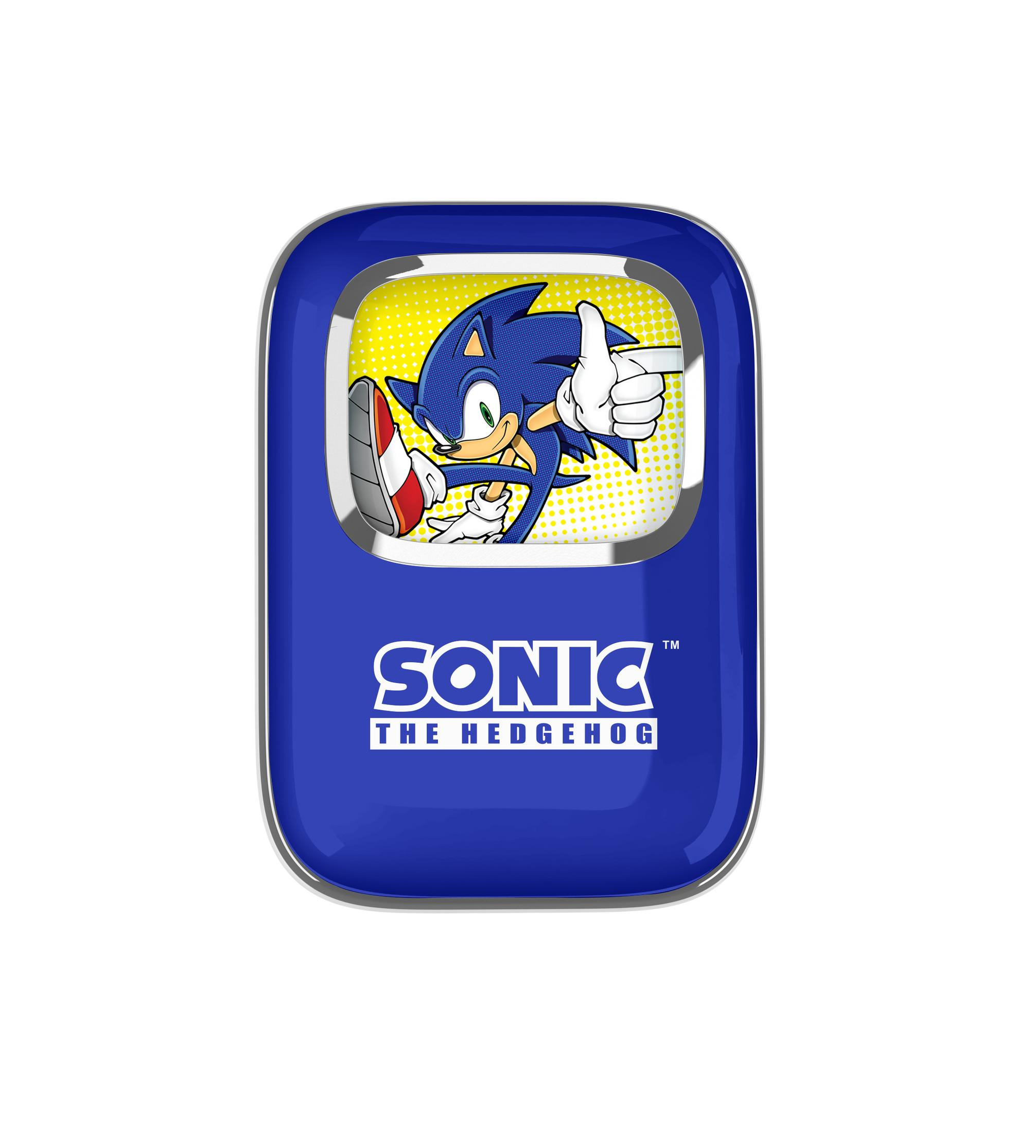 Oggetto blu con logo Sonic the Hedgehog e immagine di Sonic.
