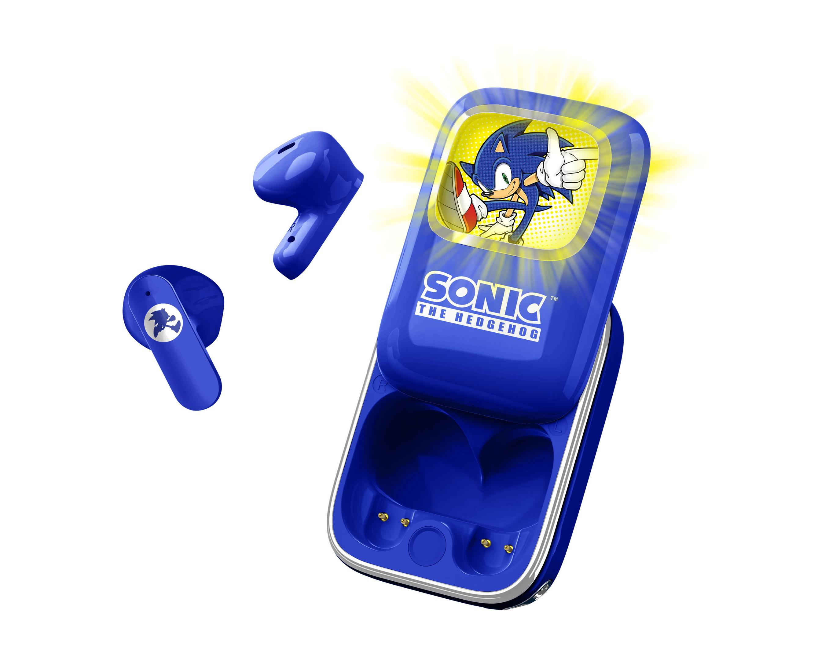 Auricolari wireless blu con design Sonic e custodia di ricarica.