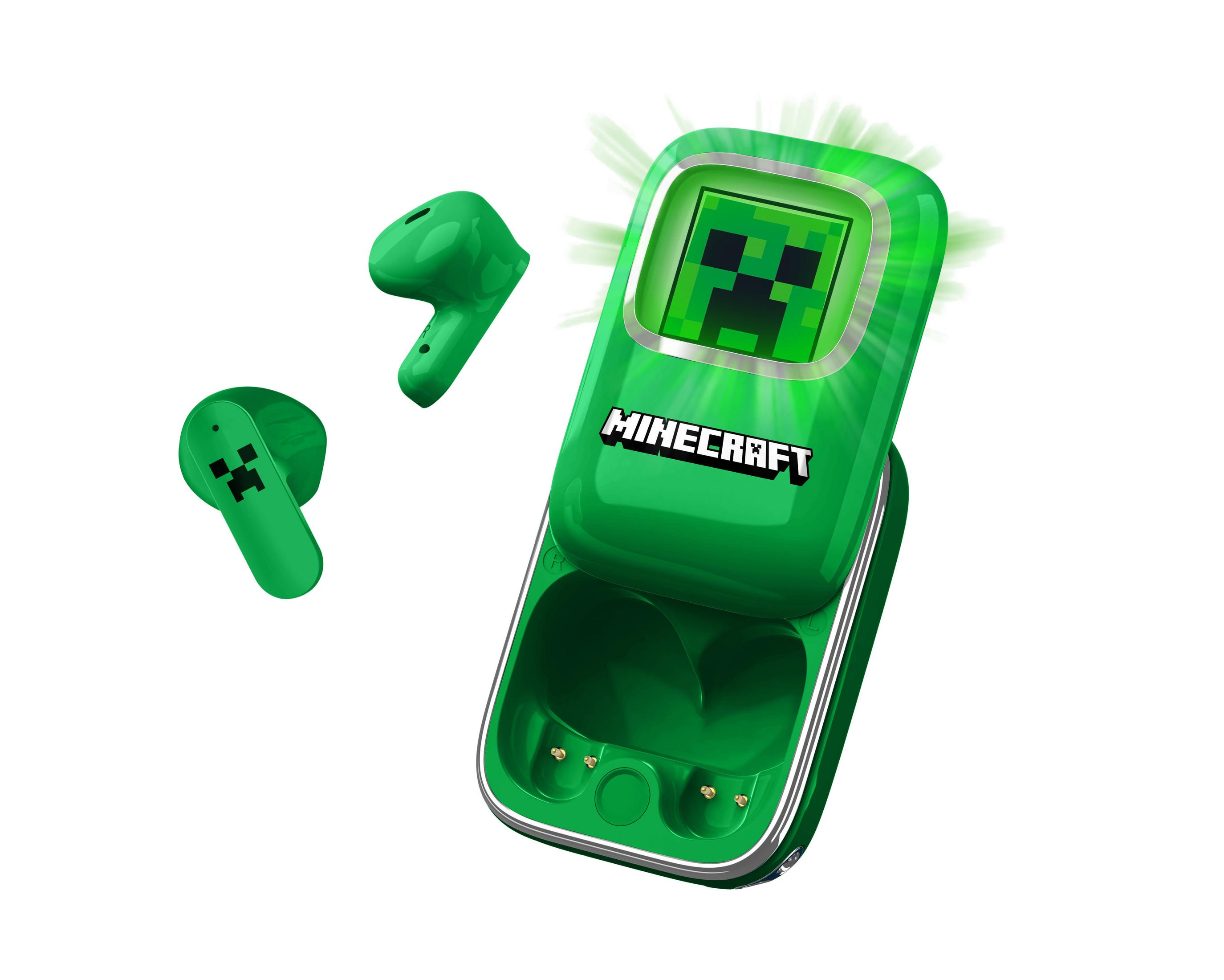 Auricolari verdi Minecraft con faccia da Creeper e custodia.