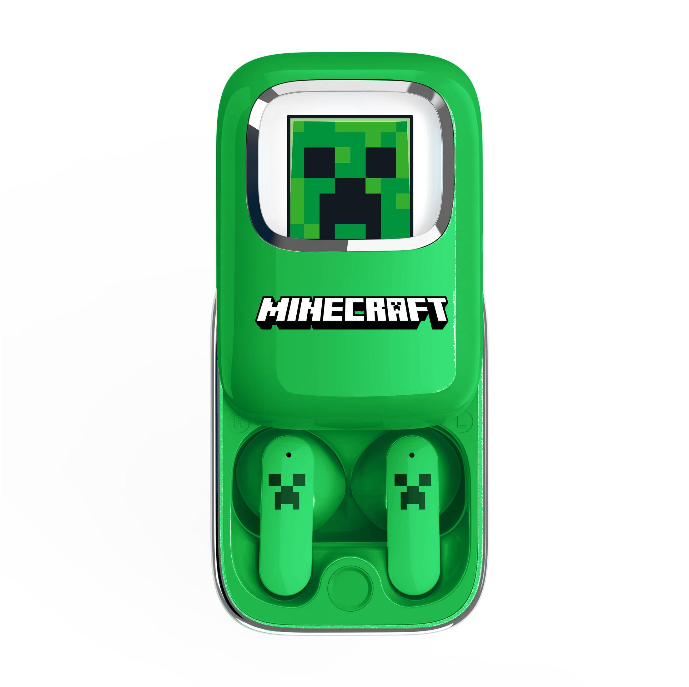 Custodia verde Minecraft con immagine Creeper e due auricolari con facce Creeper.