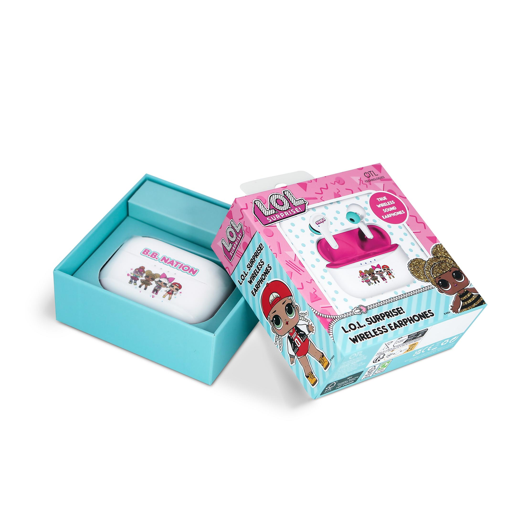 L.O.L. Surprise! earphones in a blue box and packaging.