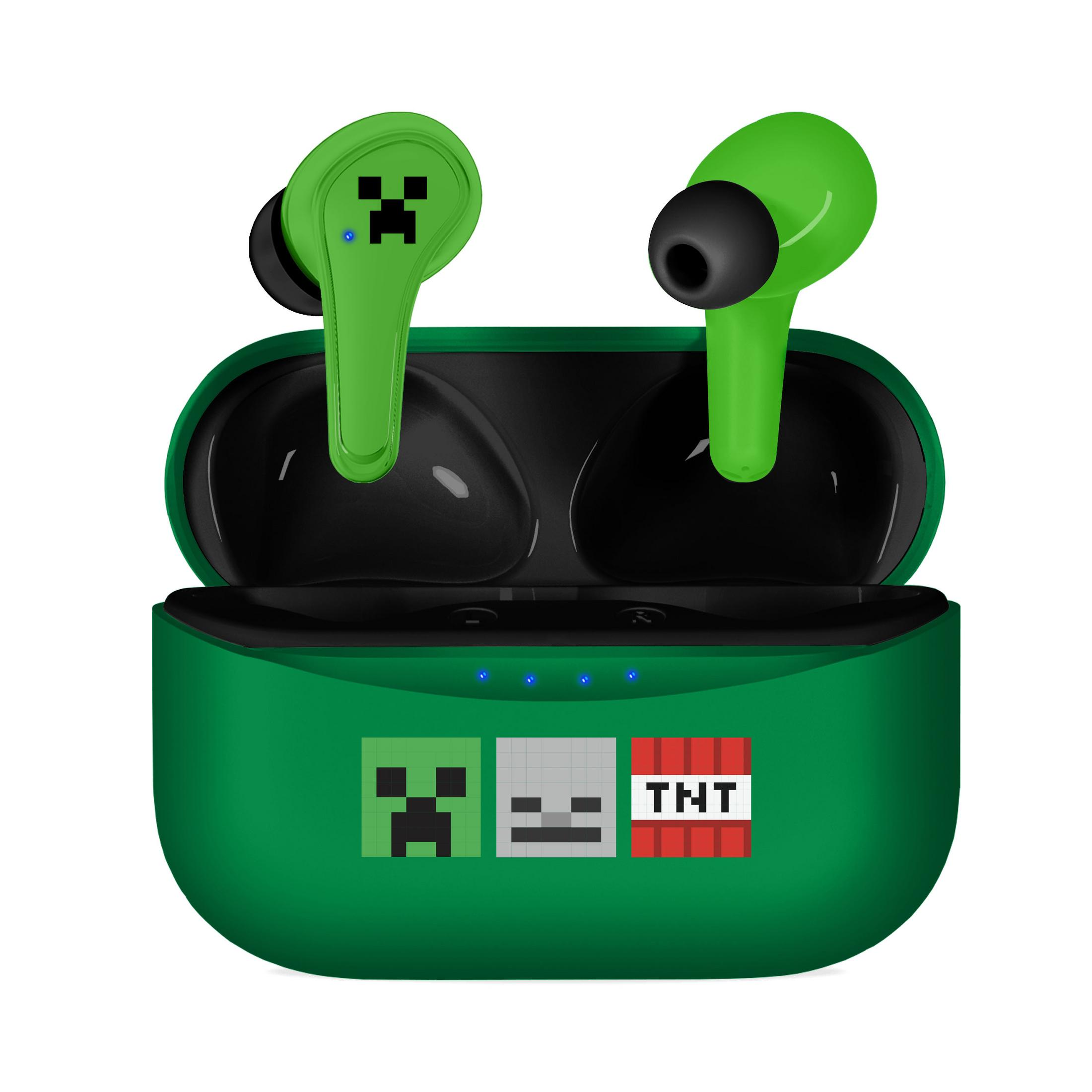 Auricolari verdi Minecraft in custodia di ricarica con design Creeper, Scheletro e TNT.
