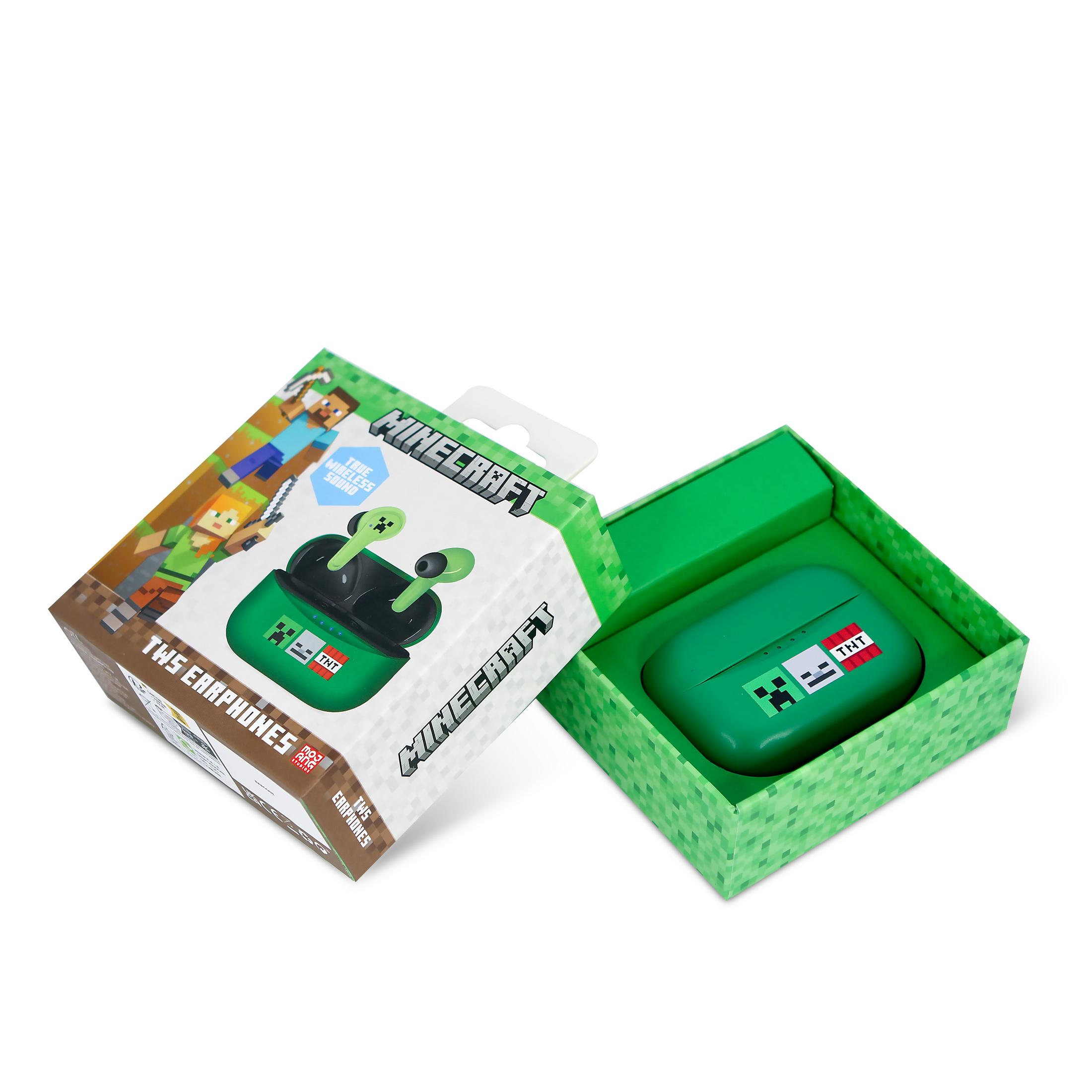 Auricolari true wireless Minecraft in custodia verde con design Creeper e TNT.