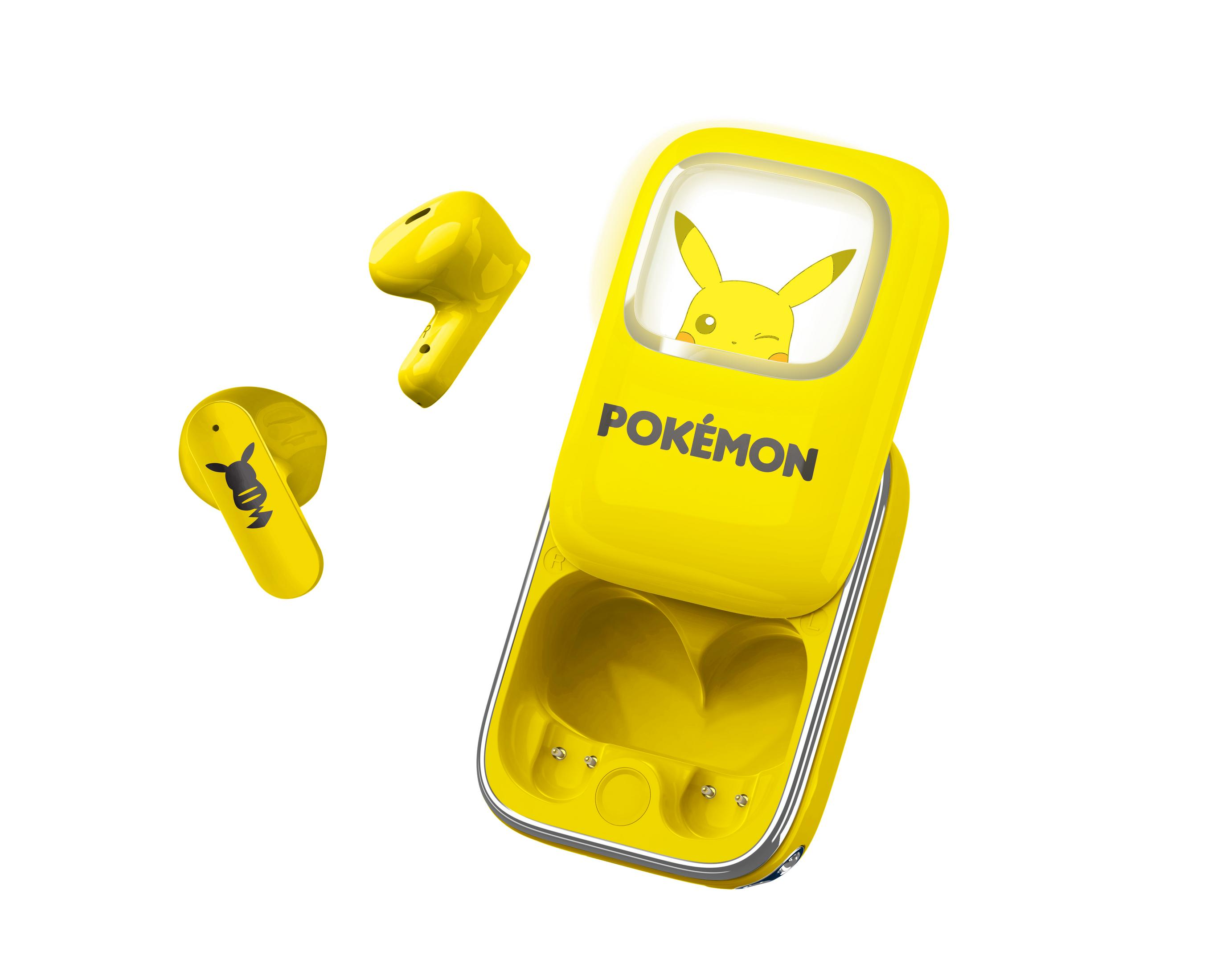 Auricolari gialli Pokémon con design Pikachu e custodia.