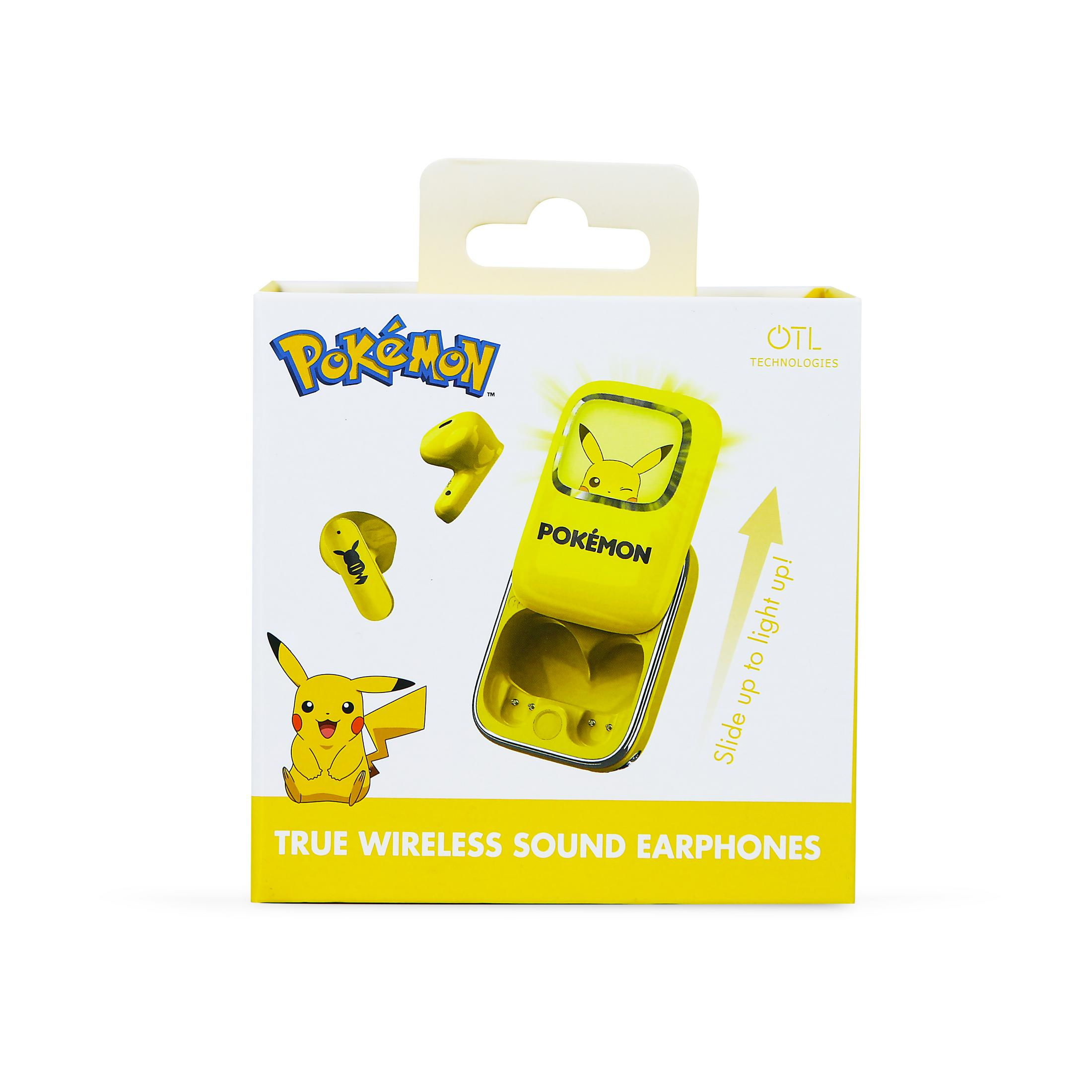 Confezione auricolari Pokémon Pikachu con custodia di ricarica gialla e auricolari.