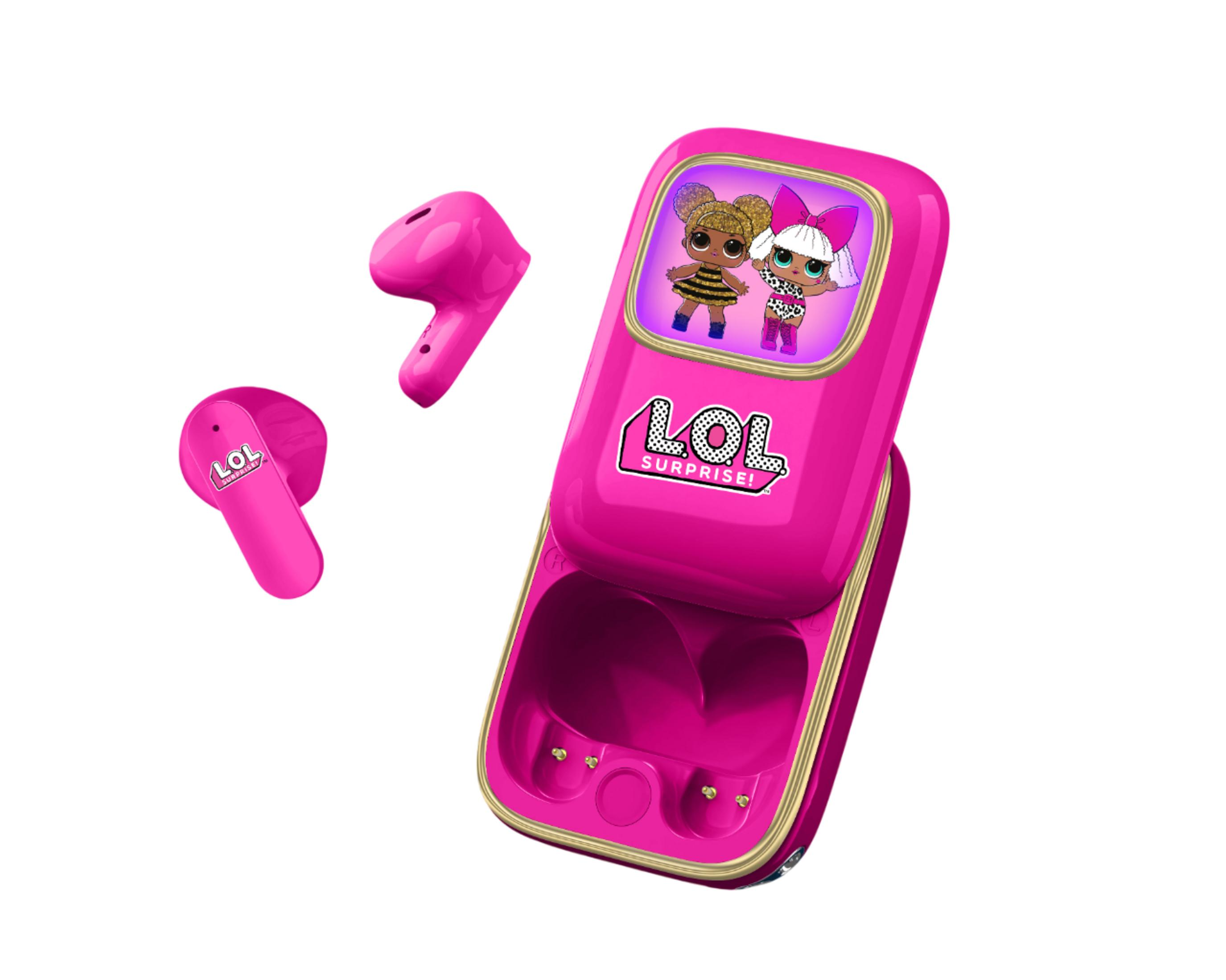 Custodia di ricarica rosa LOL Surprise con due auricolari rosa accanto.