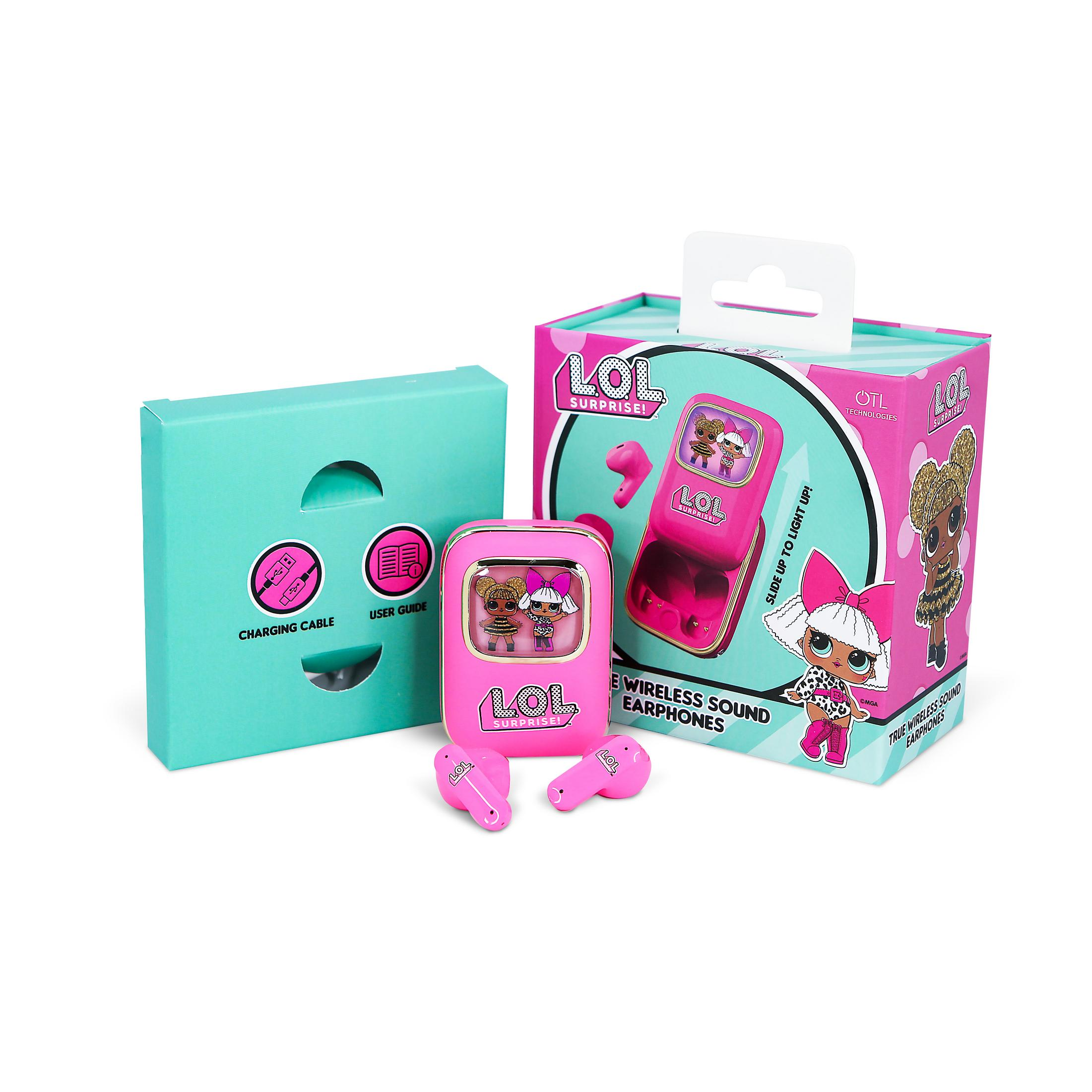 Auricolari LOL Surprise in una custodia rosa con due auricolari rosa.