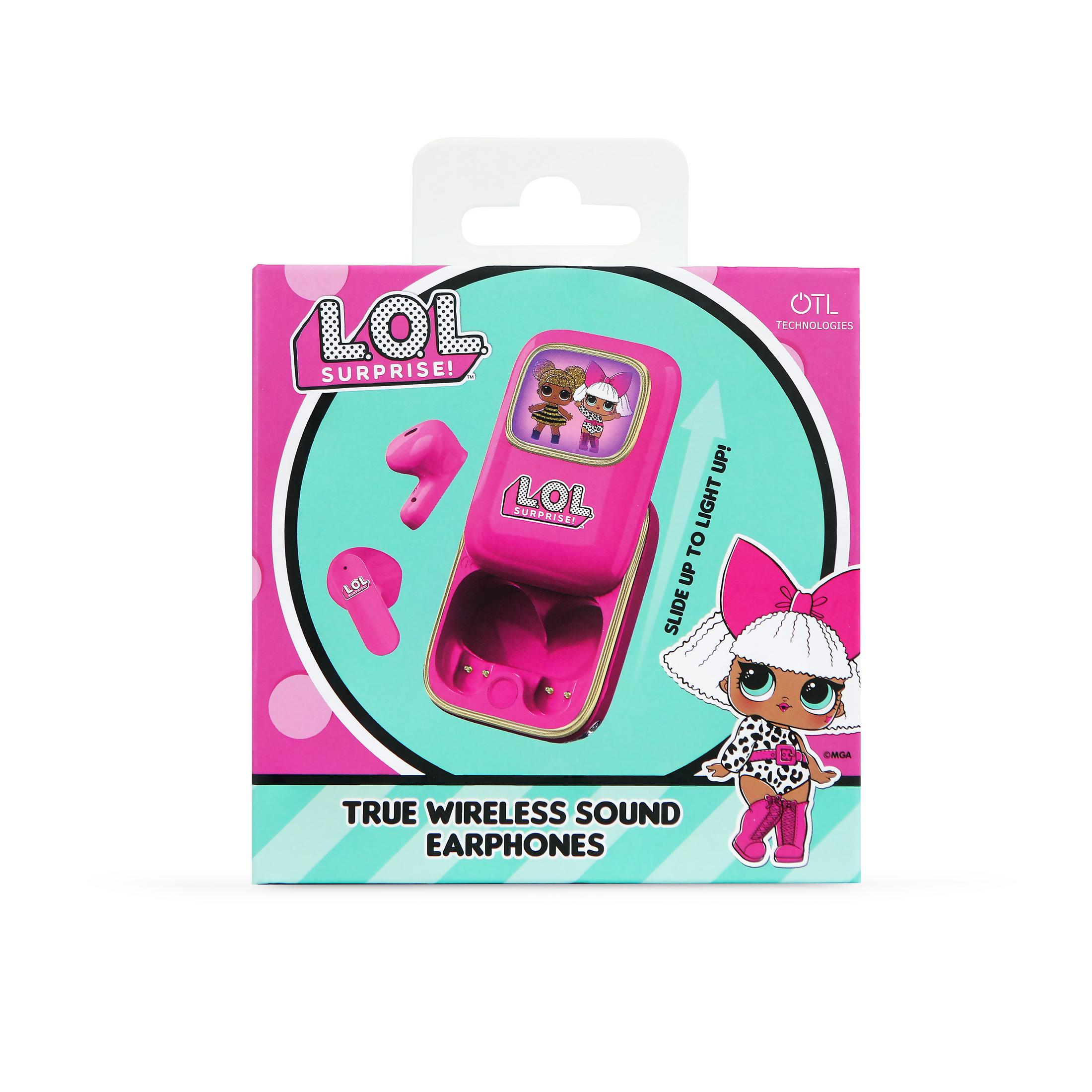 Auricolari True Wireless LOL Surprise, rosa, con illustrazione di bambola.