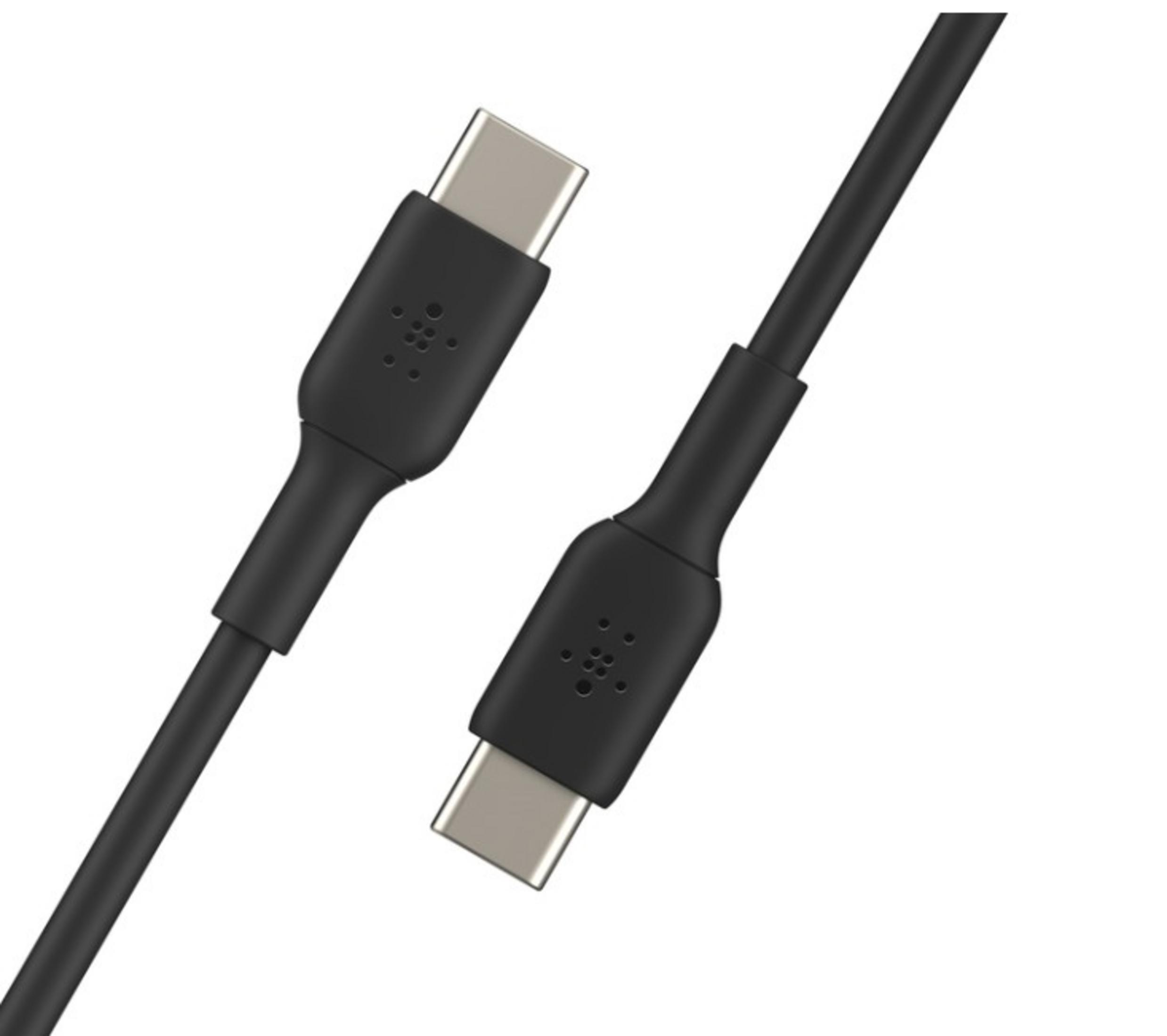 Ein schwarzes USB-C-Kabel mit zwei Anschlüssen auf weißem Hintergrund.