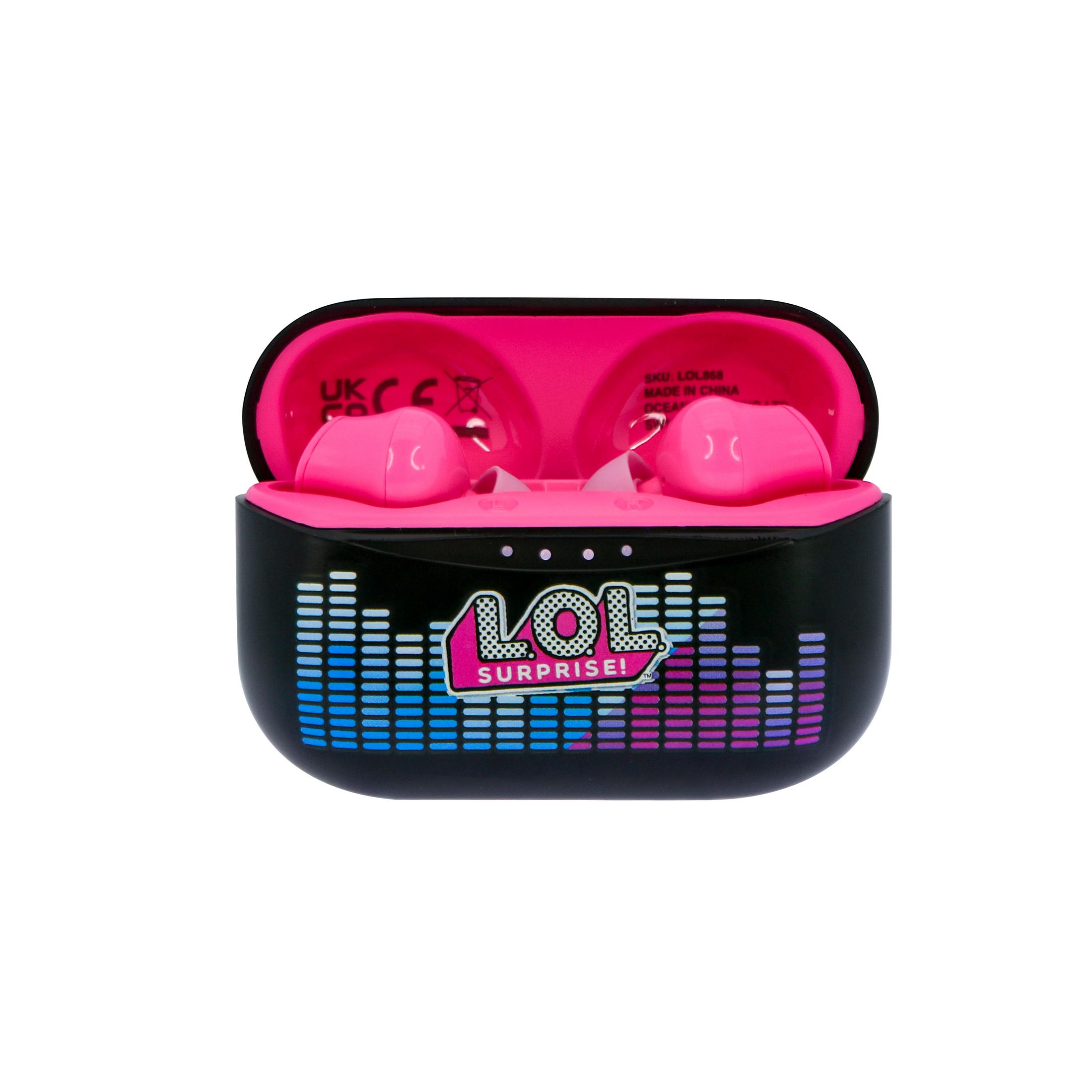 Auricolari LOL Surprise in custodia nera con interno rosa e design equalizzatore.