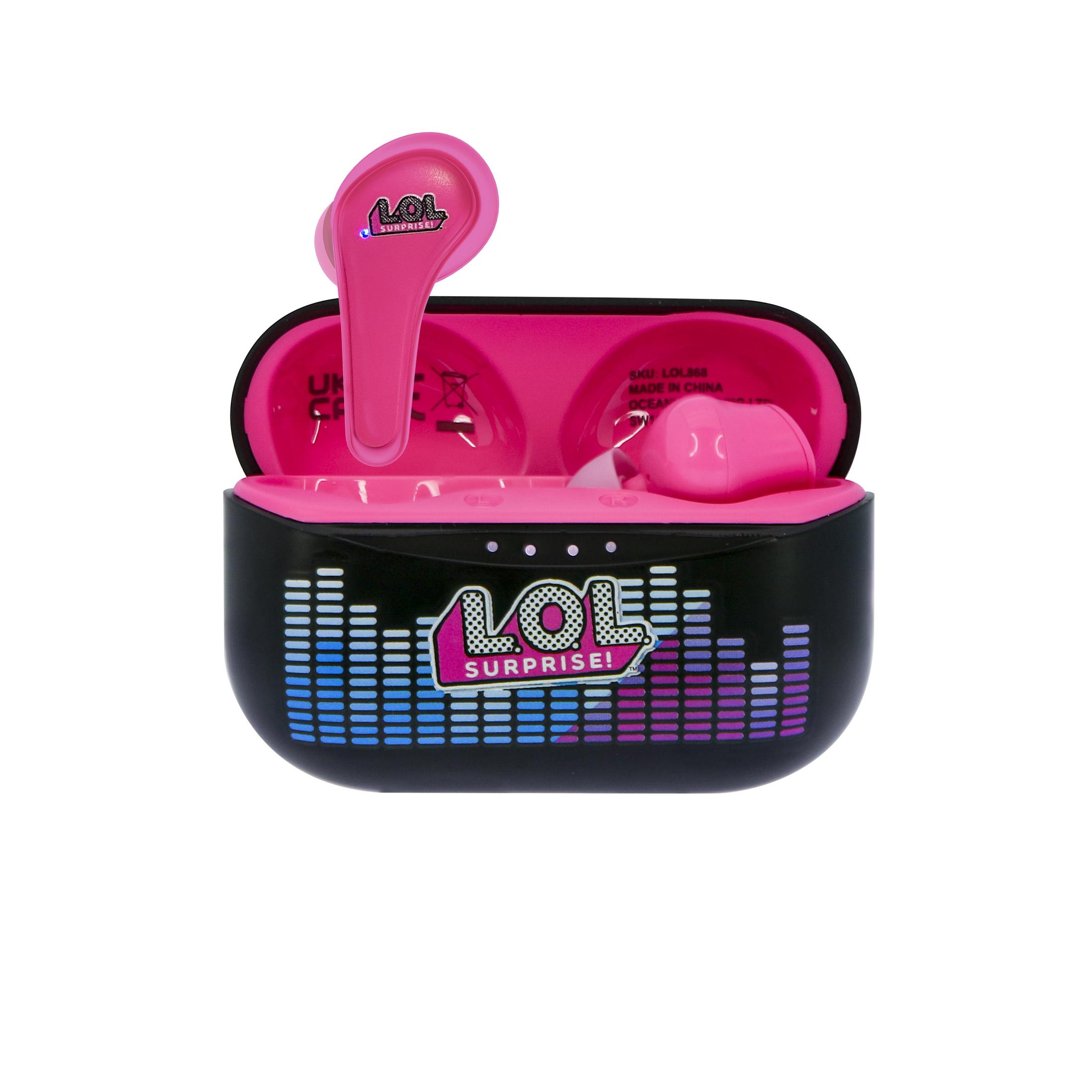Una custodia di ricarica rosa LOL Surprise con design equalizzatore.