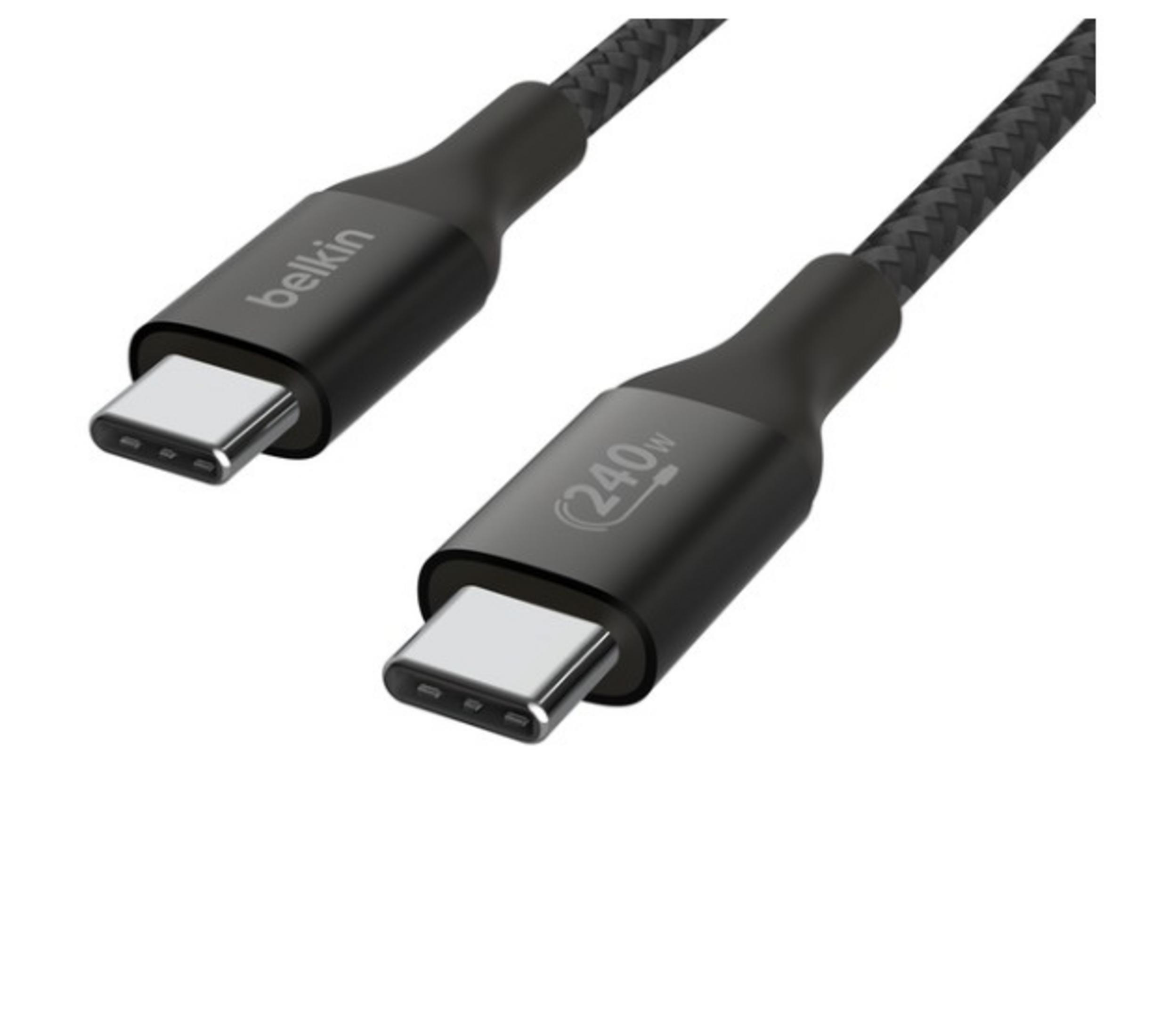 Due cavi USB-C neri con connettori argentati su sfondo bianco.