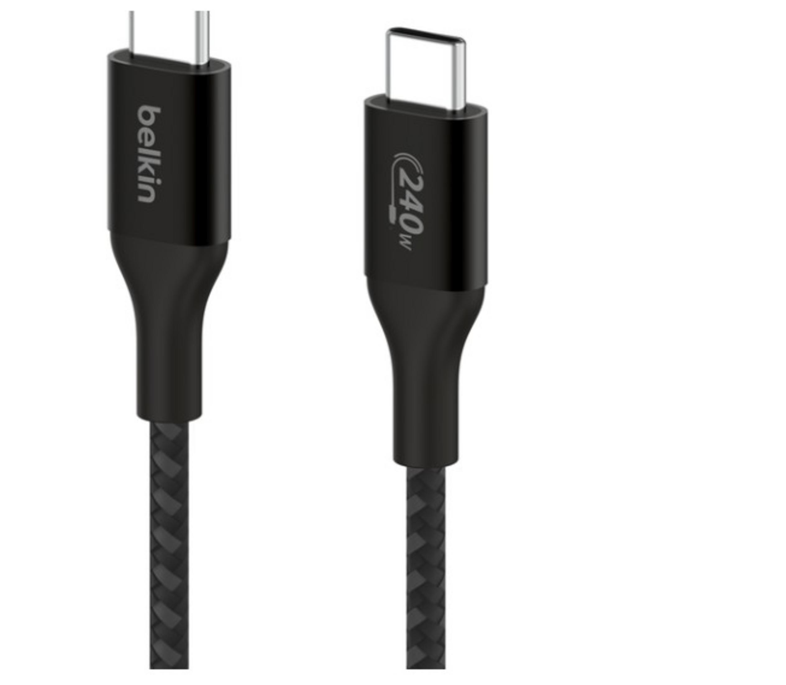 Due cavi USB-C neri con guaine intrecciate e connettori argentati.