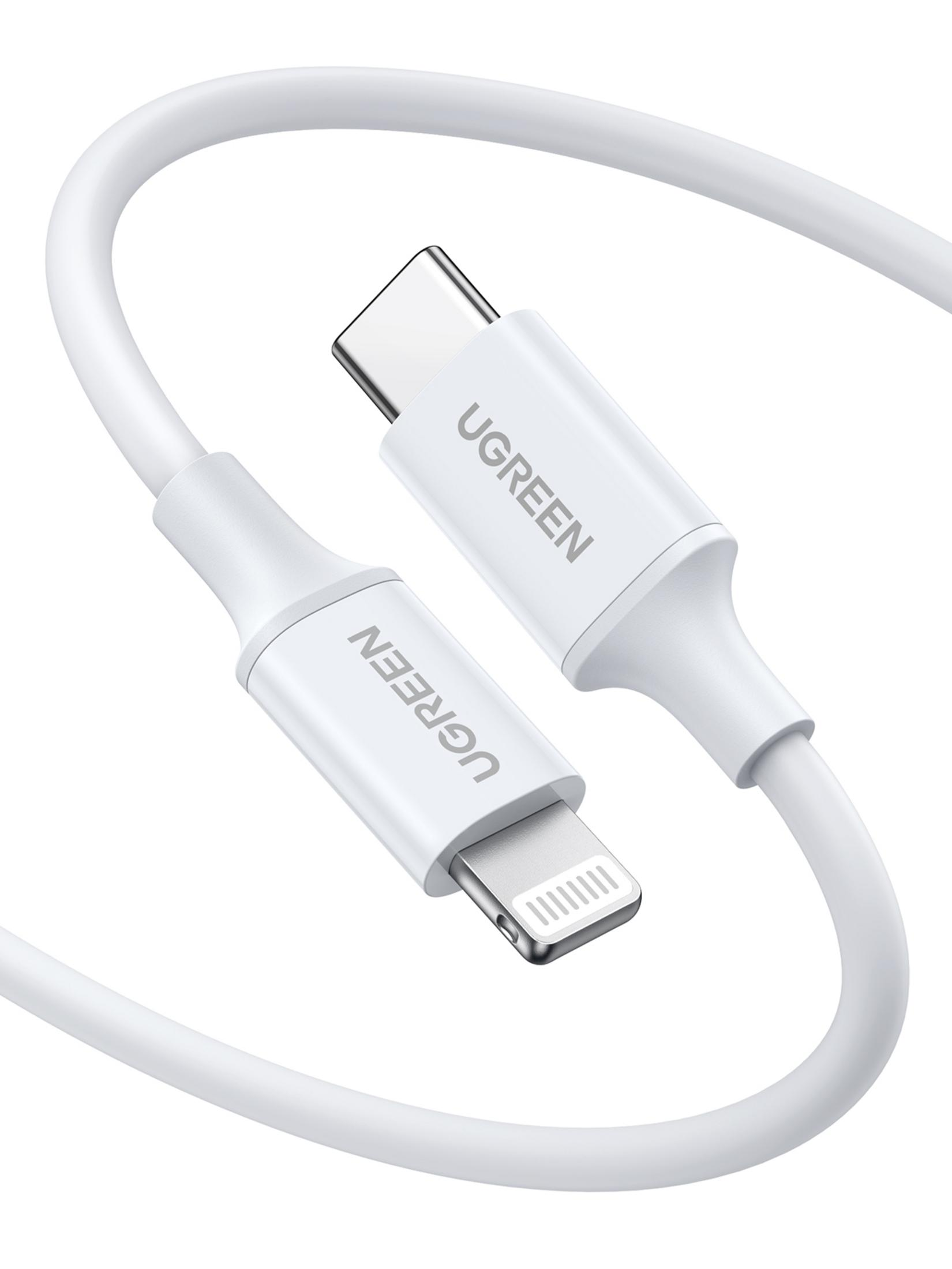 Un cavo bianco UGREEN con connettori USB-C e Lightning.