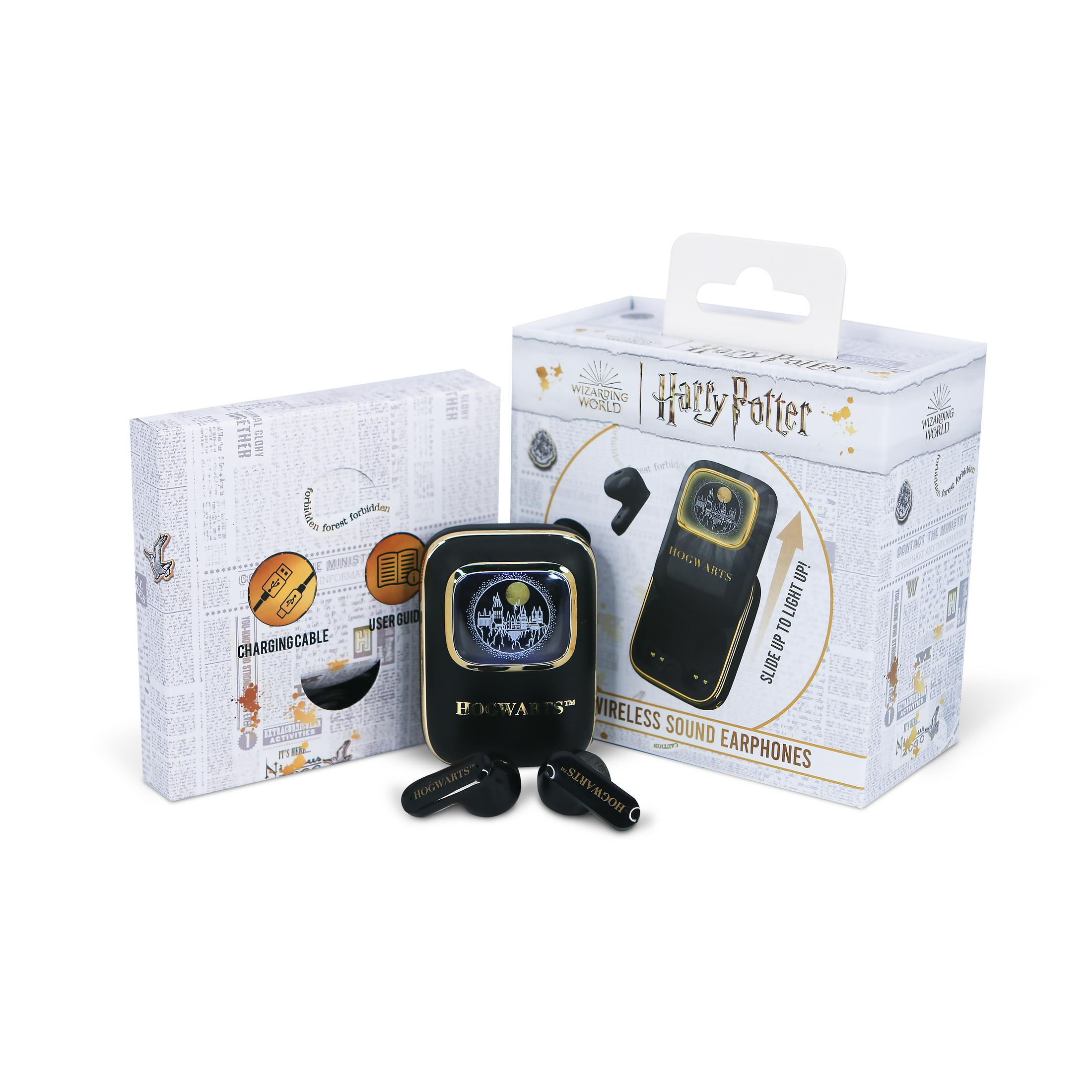Auricolari wireless Harry Potter e confezione con design di Hogwarts.