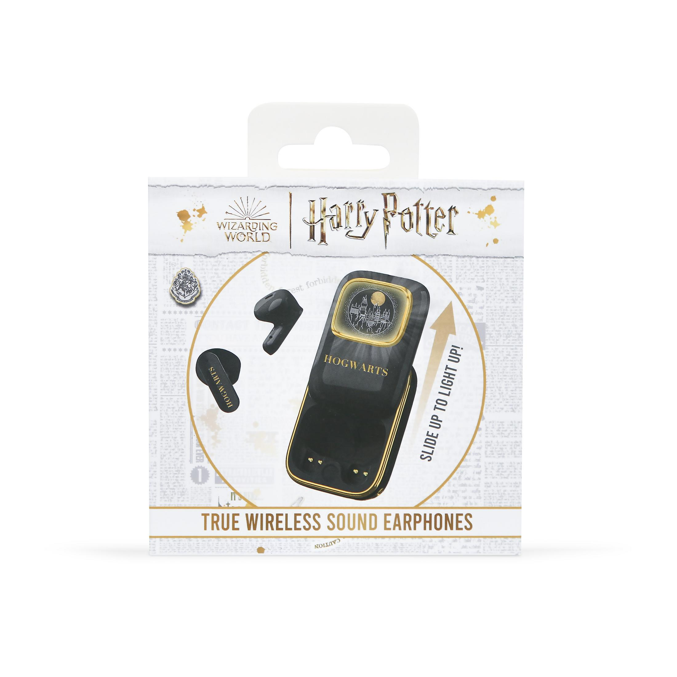 Auricolari true wireless Harry Potter Hogwarts in custodia di ricarica nera con stemma.