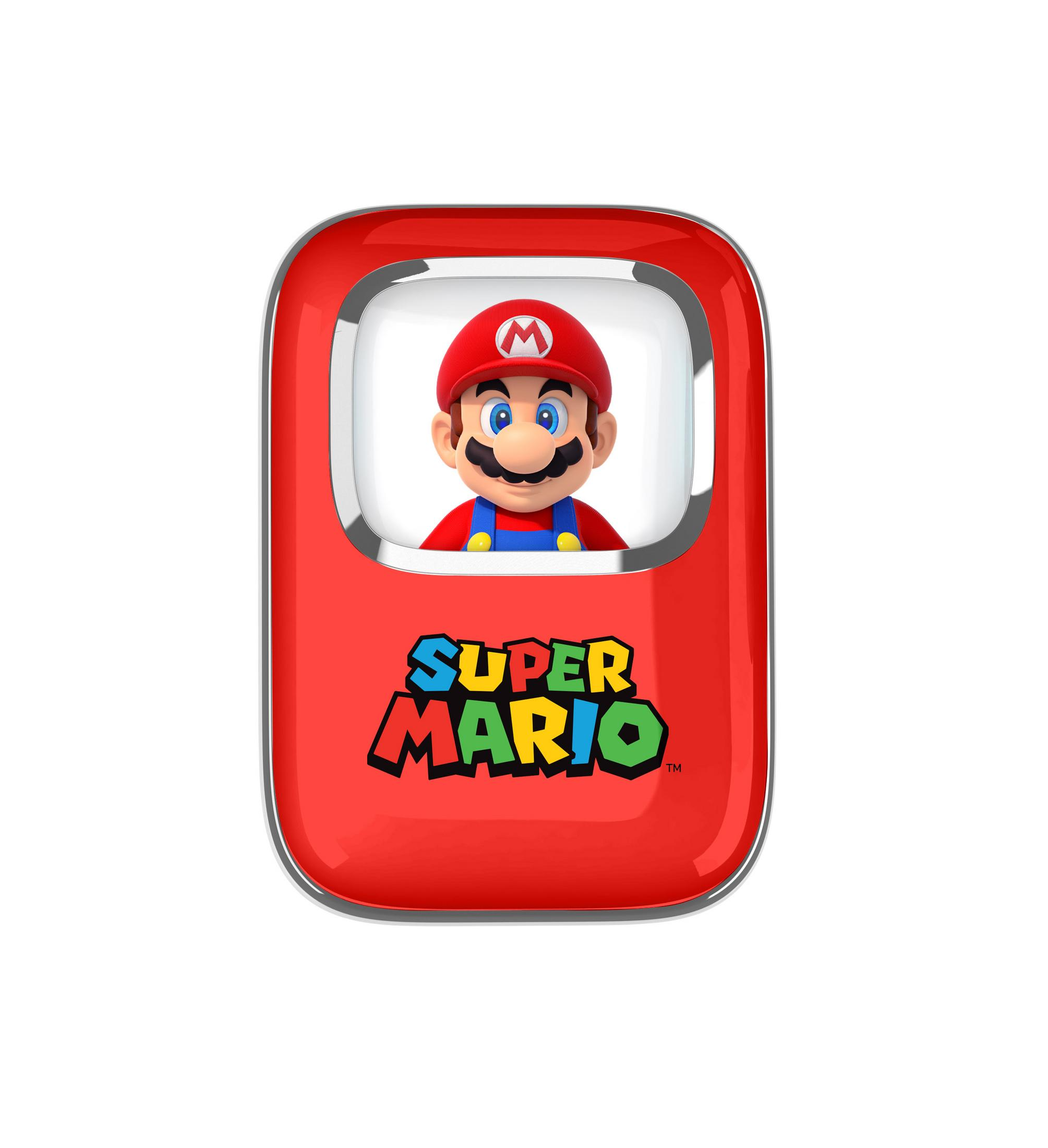 Mario from Super Mario on a red object with the logo.