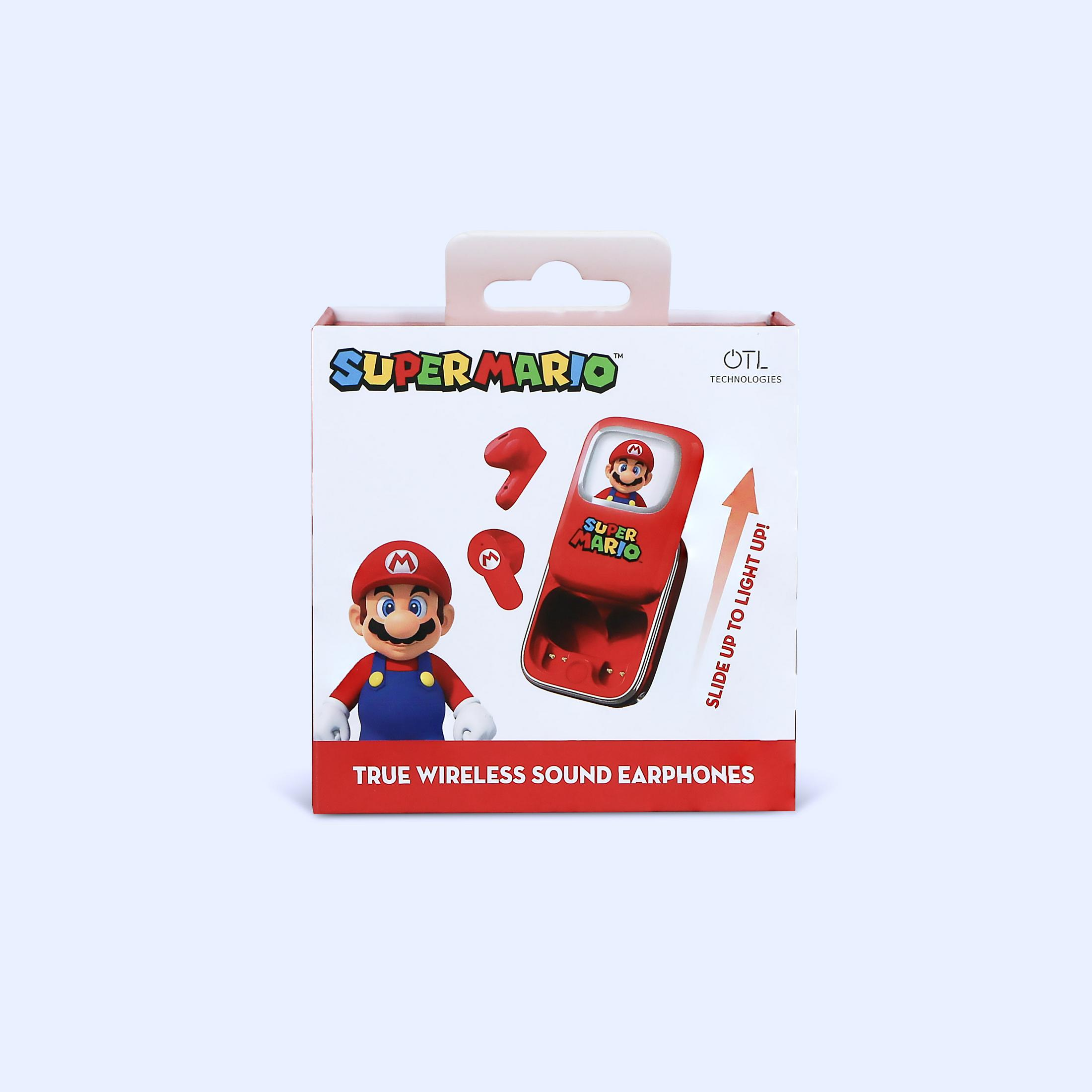 Super Mario themed true wireless earphones box. Features Mario figure and charging case.
