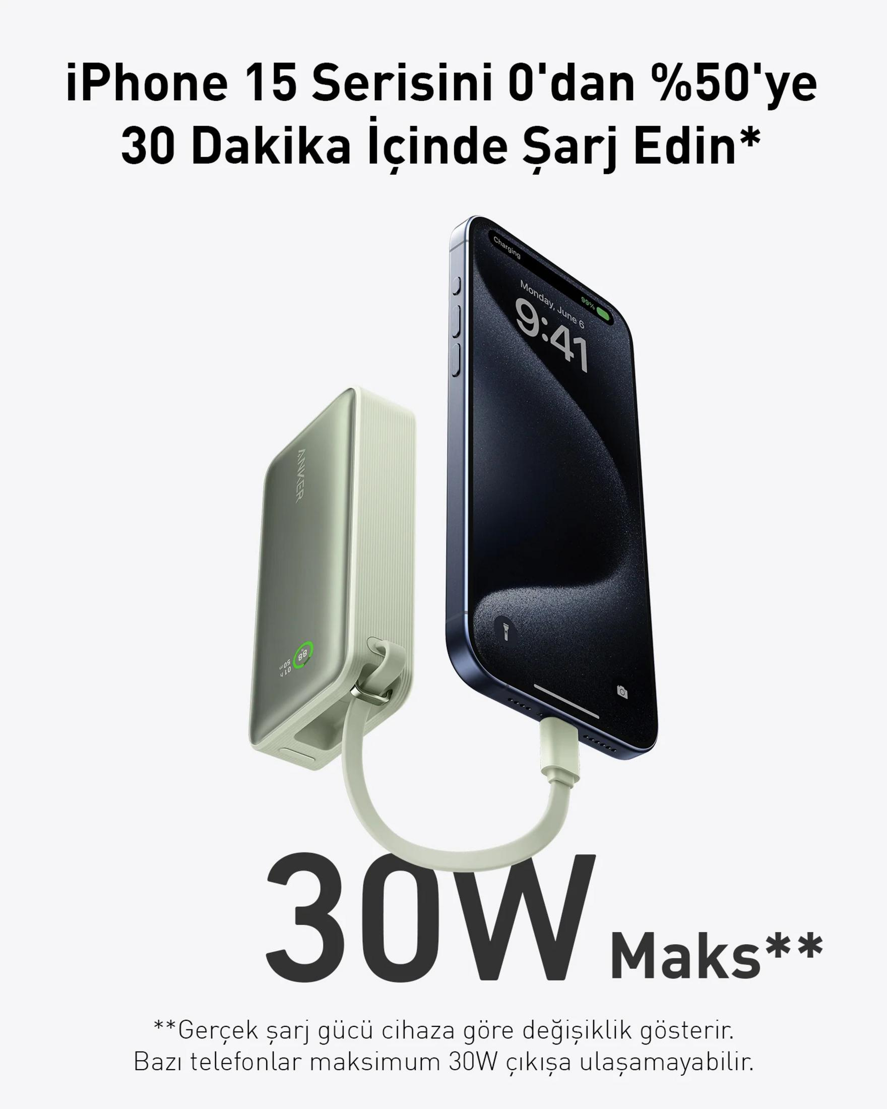 Un iPhone si sta caricando da un power bank Anker verde chiaro. 30W.