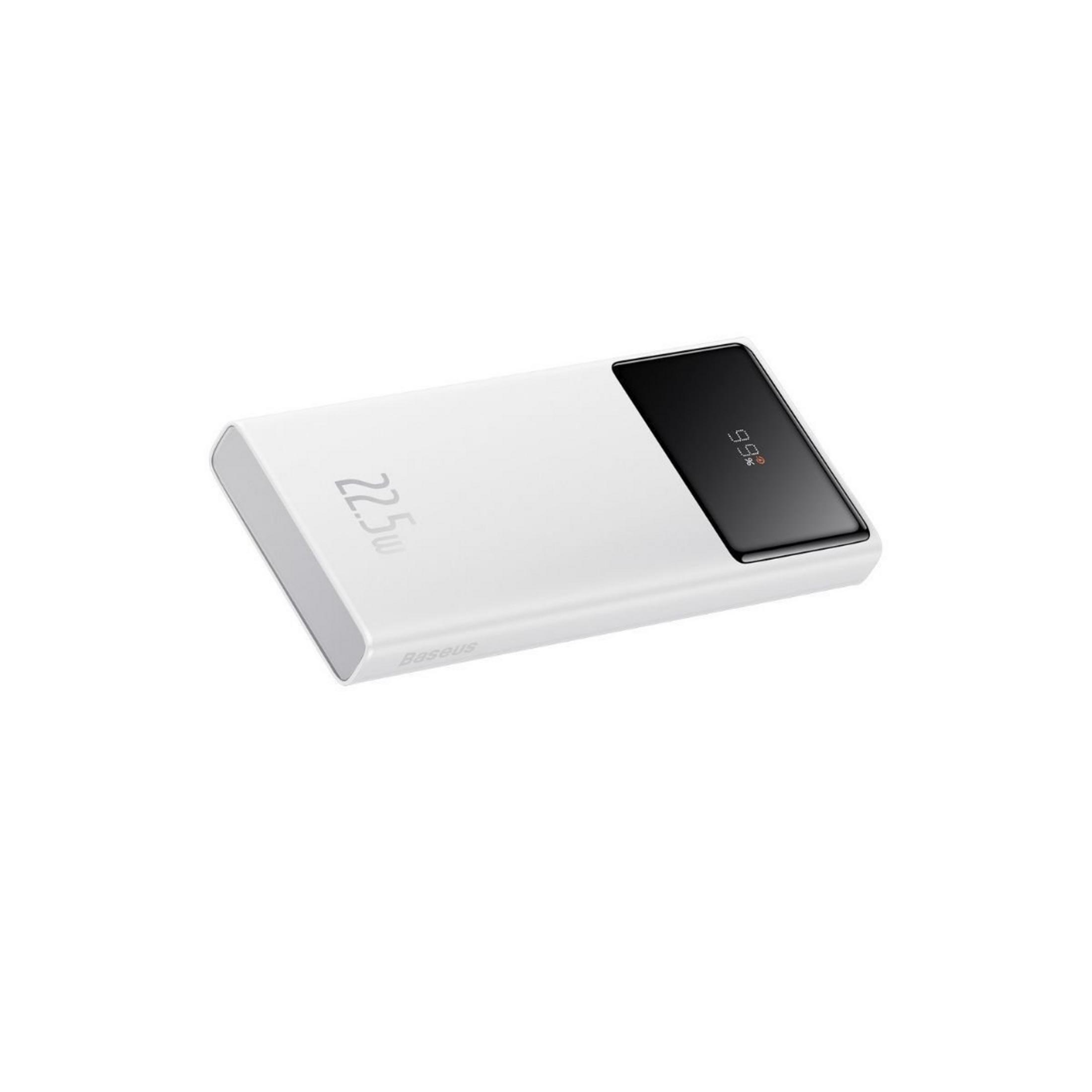 Un power bank bianco con display nero che mostra il 99%.