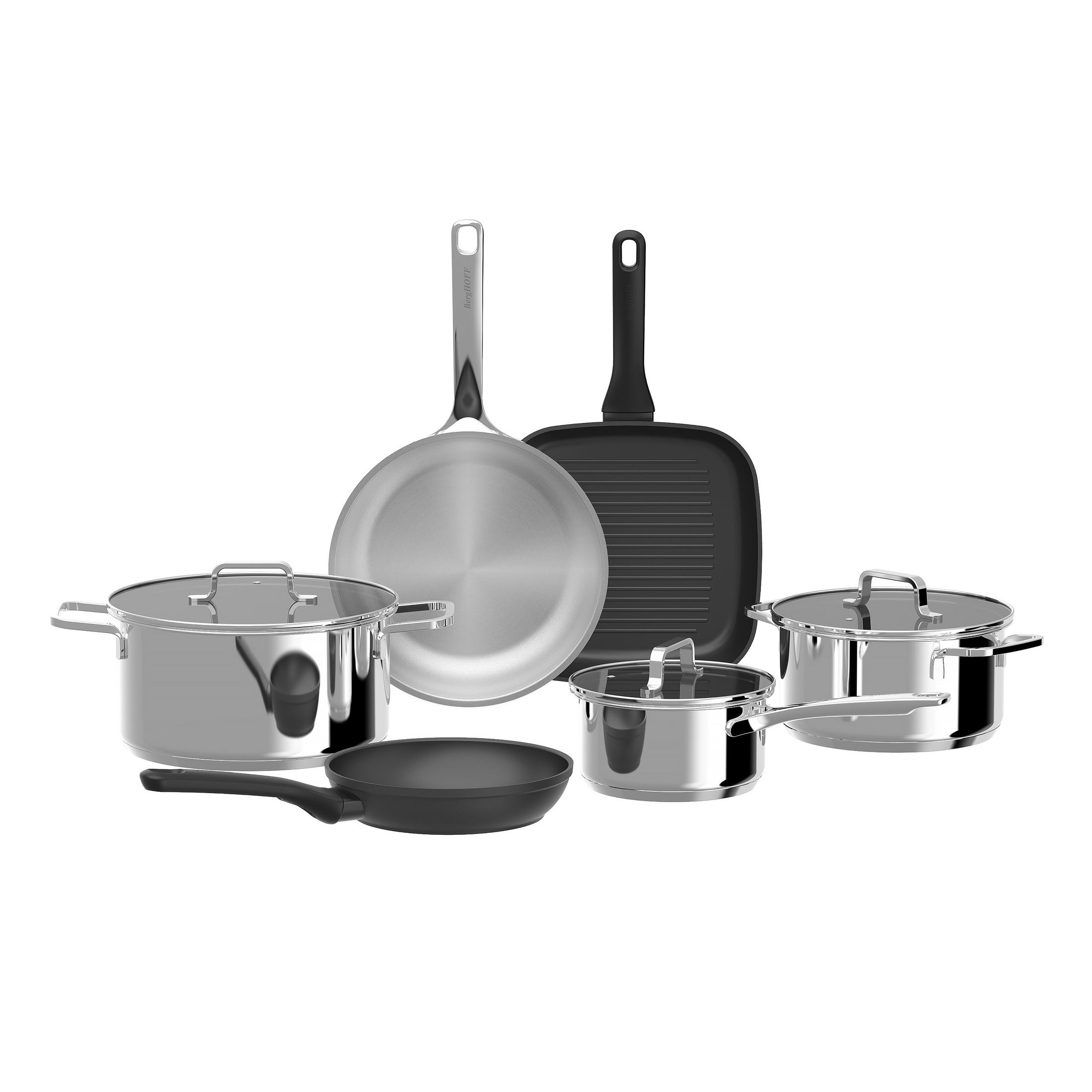 Een set van vijf kookgerei-onderdelen: potten, een koekenpan en een grillpan.