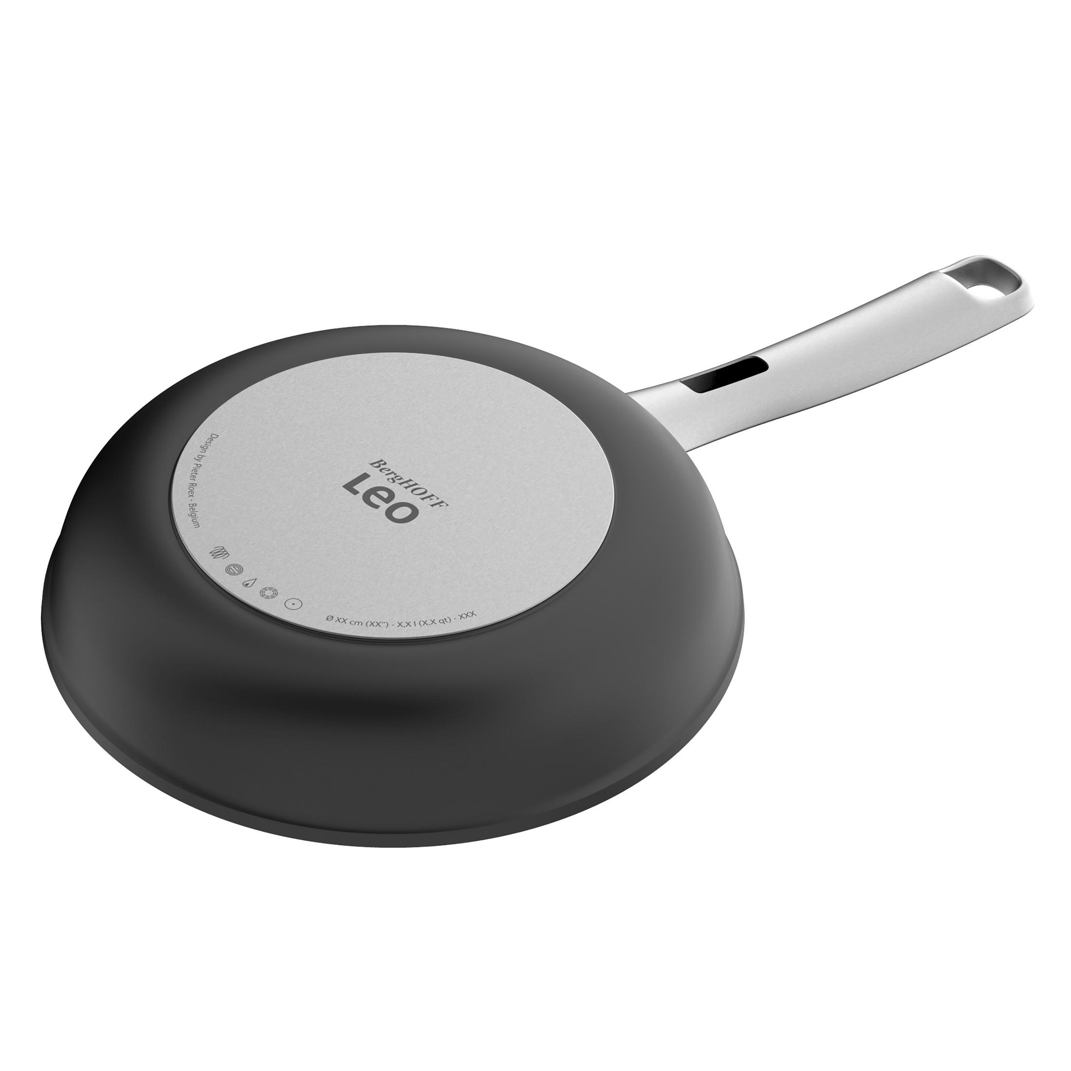 Underside of a black BergHOFF Leo frying pan with a silver handle. 