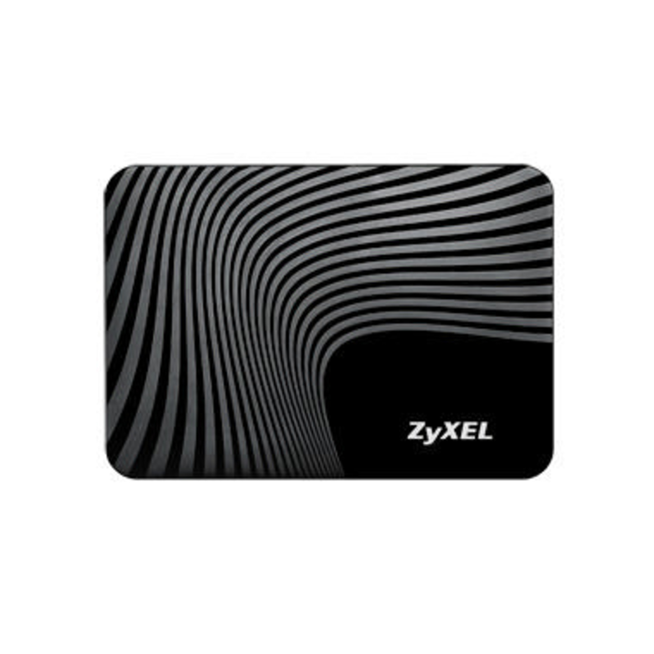 Un rettangolo nero con linee ondulate grigie e il logo ZyXEL.
