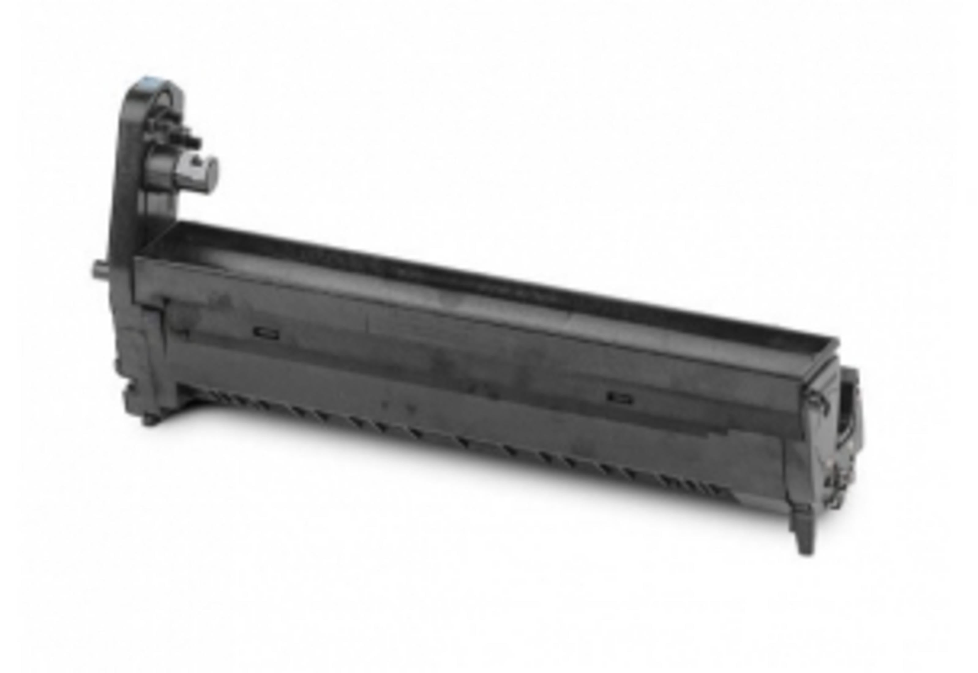 Una cartuccia toner nera per stampante, isolata su sfondo bianco.