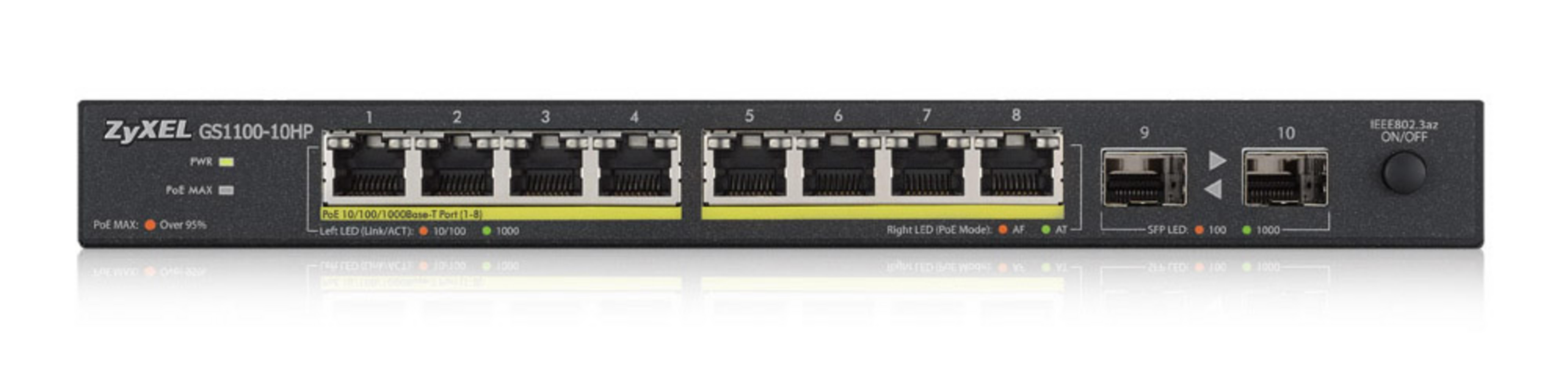 Uno switch di rete nero a 10 porte etichettato ZyXEL GS1100-10HP.