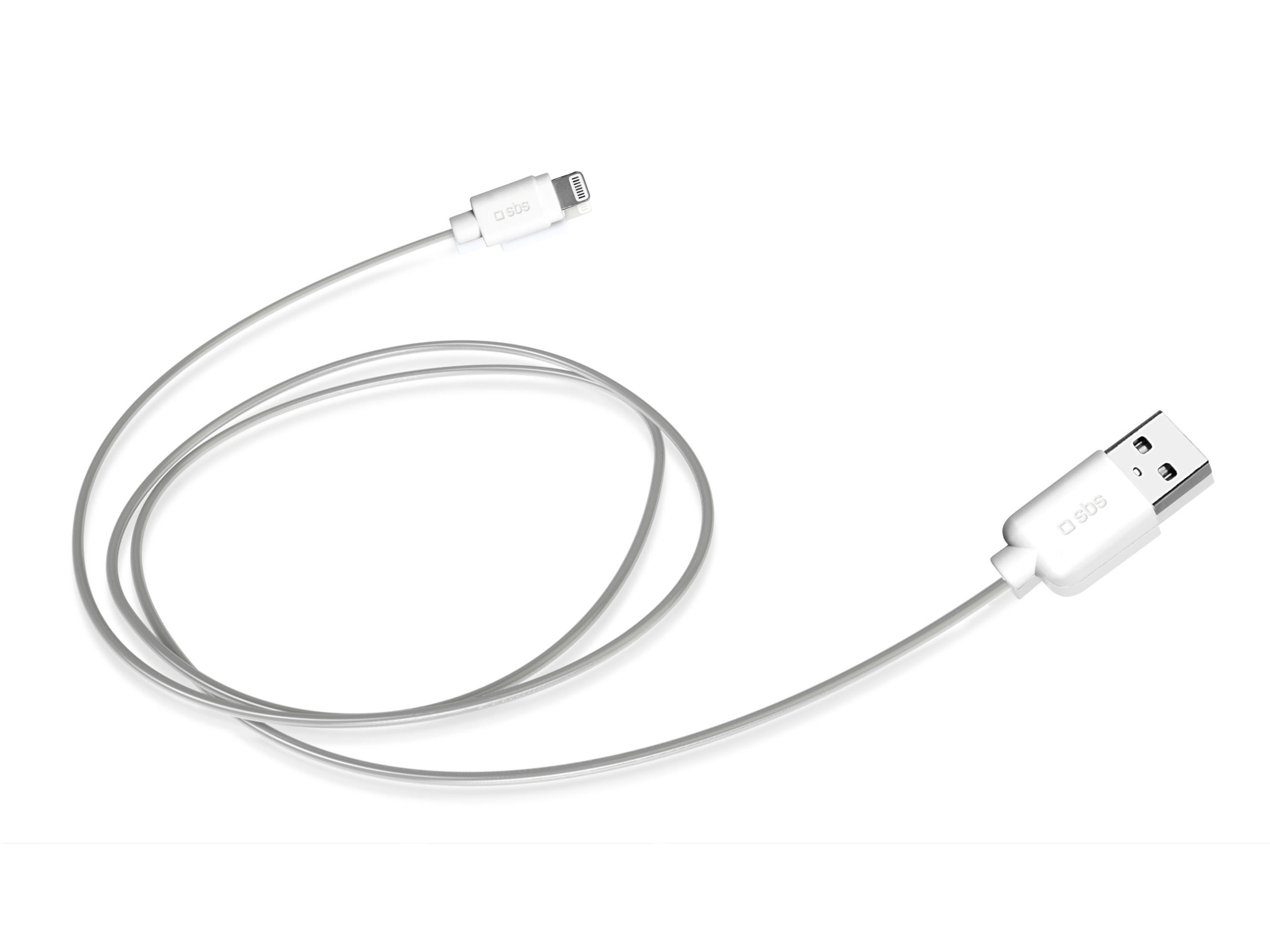 Un cavo di ricarica bianco con connettori Lightning e USB, su sfondo bianco.