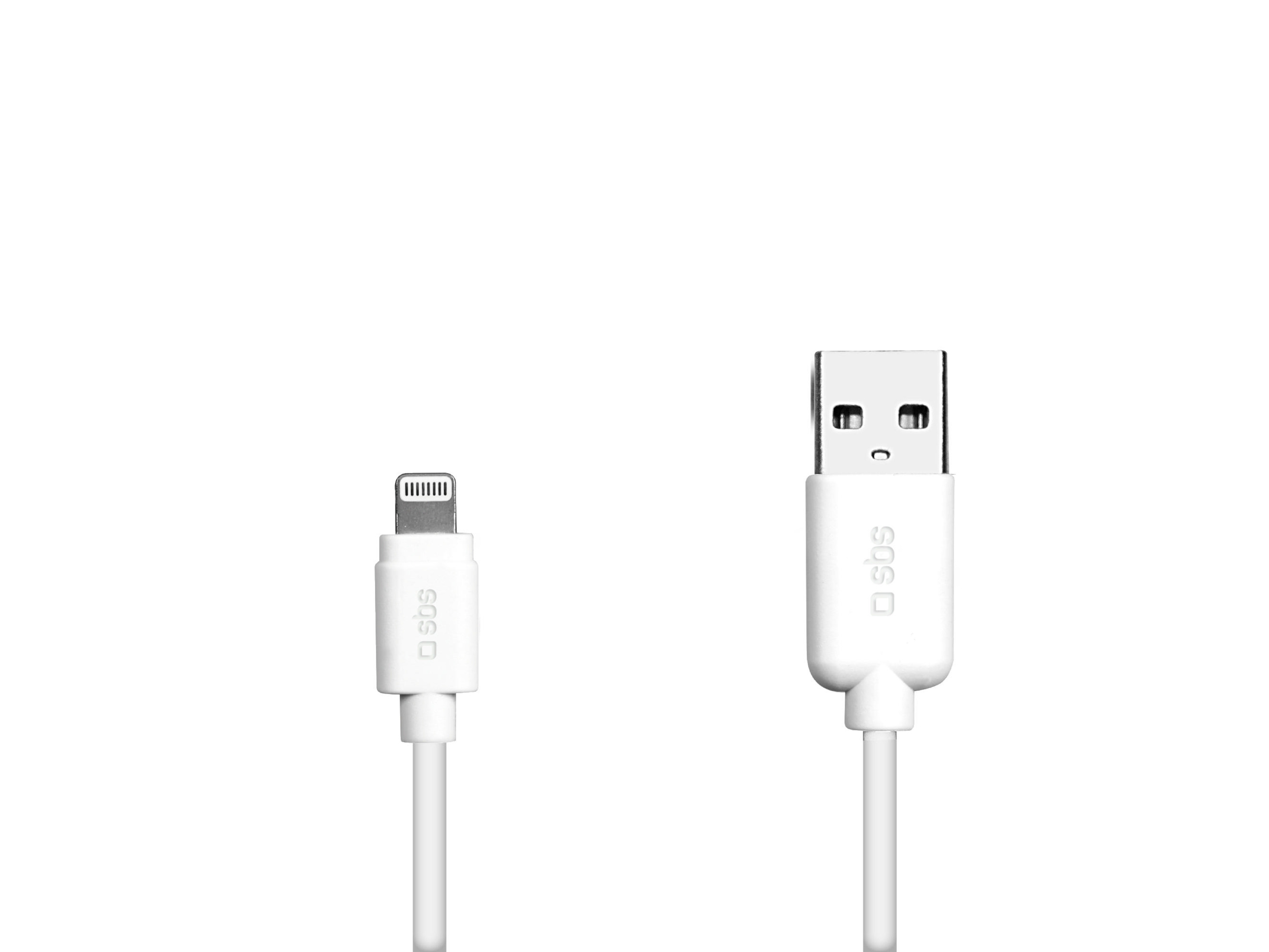 Un cavo USB bianco con connettori Lightning e USB-A.
