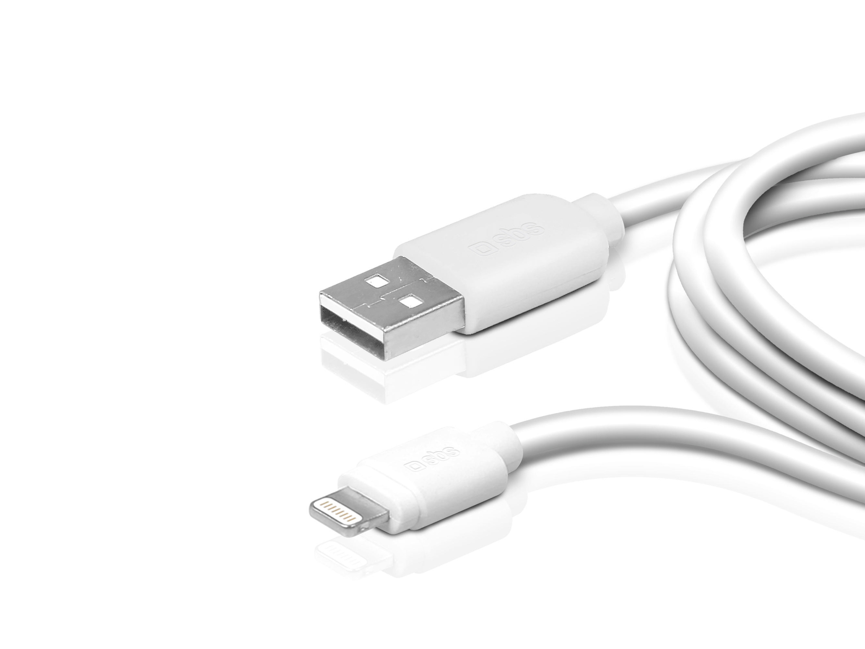 Un cavo bianco da USB a Lightning con logo SBS, su sfondo bianco.
